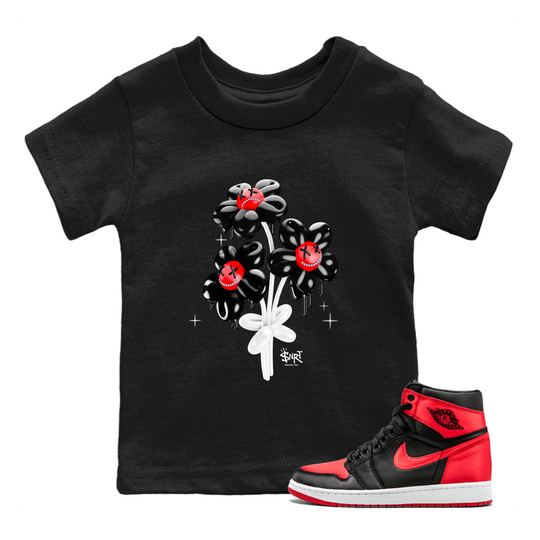 Air Jordan 1 Satin Bred Sneaker Match Tees Balloon Bouquet Sneaker Tees 1s Satin Bred SNRT Sneaker Release Tees Kids Shirts Black 1
