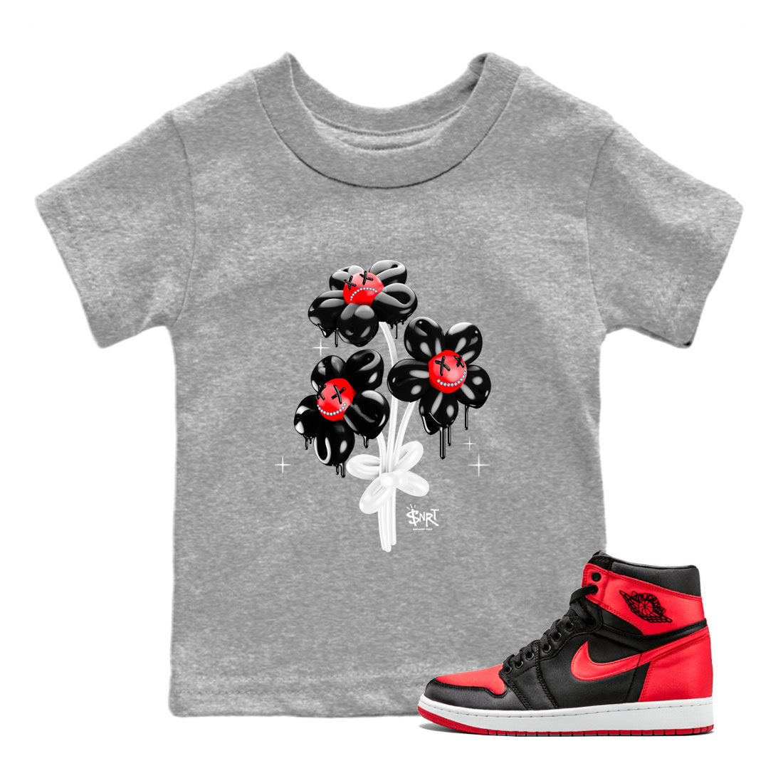 Air Jordan 1 Satin Bred Sneaker Match Tees Balloon Bouquet Sneaker Tees 1s Satin Bred SNRT Sneaker Release Tees Kids Shirts Heather Grey 1