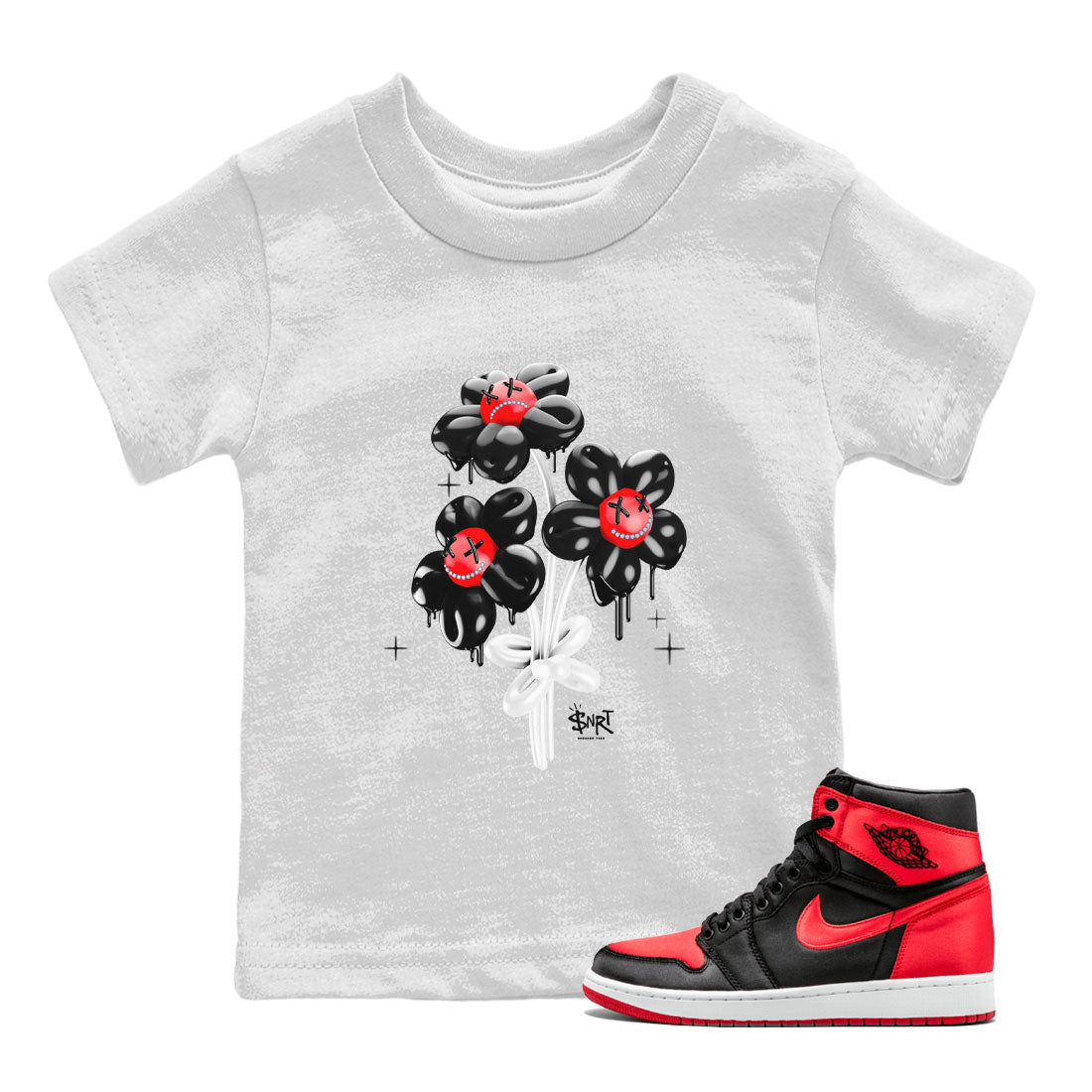 Air Jordan 1 Satin Bred Sneaker Match Tees Balloon Bouquet Sneaker Tees 1s Satin Bred SNRT Sneaker Release Tees Kids Shirts White 1
