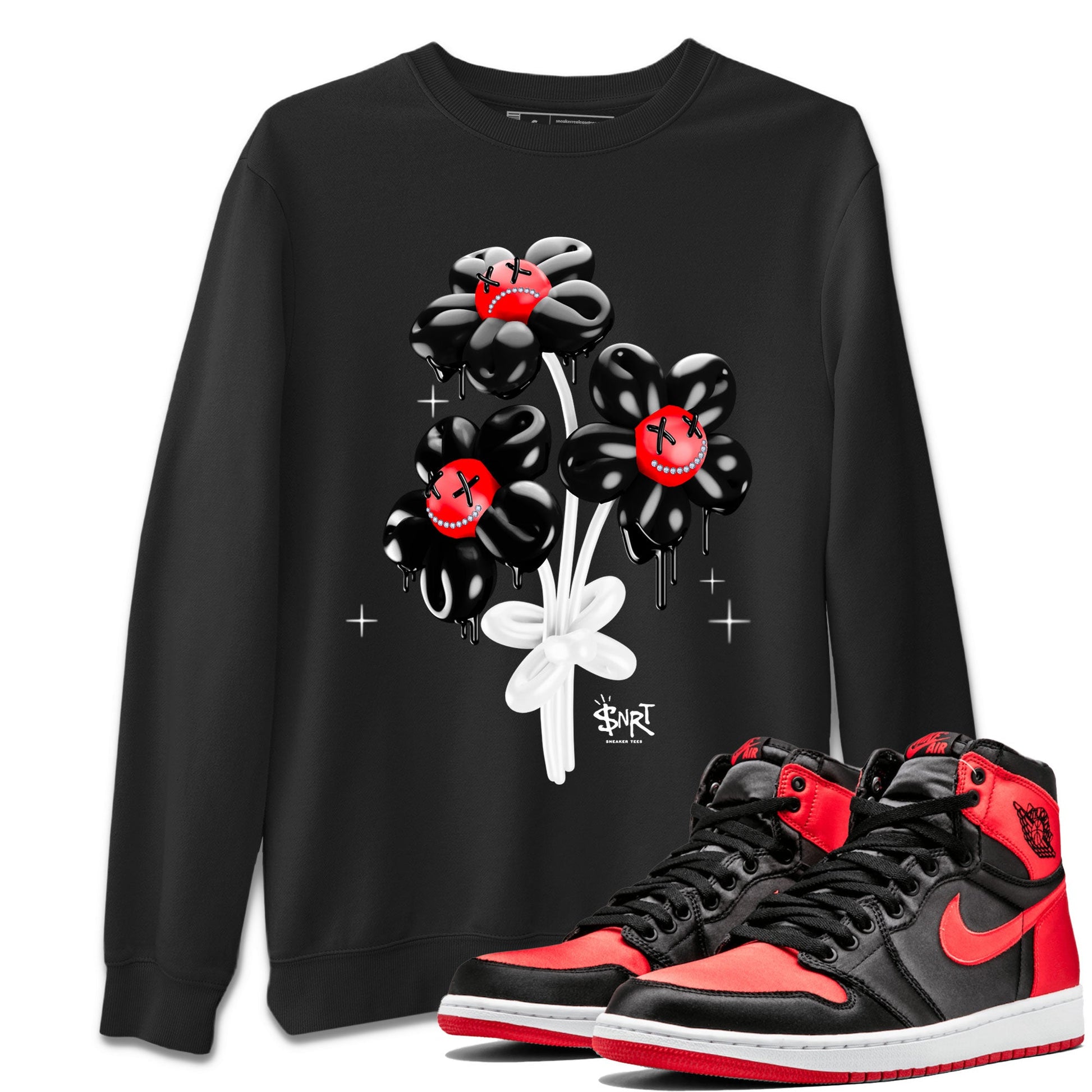 Air Jordan 1 Satin Bred Sneaker Match Tees Balloon Bouquet Sneaker Tees 1s Satin Bred SNRT Sneaker Release Tees Unisex Shirts Black 1