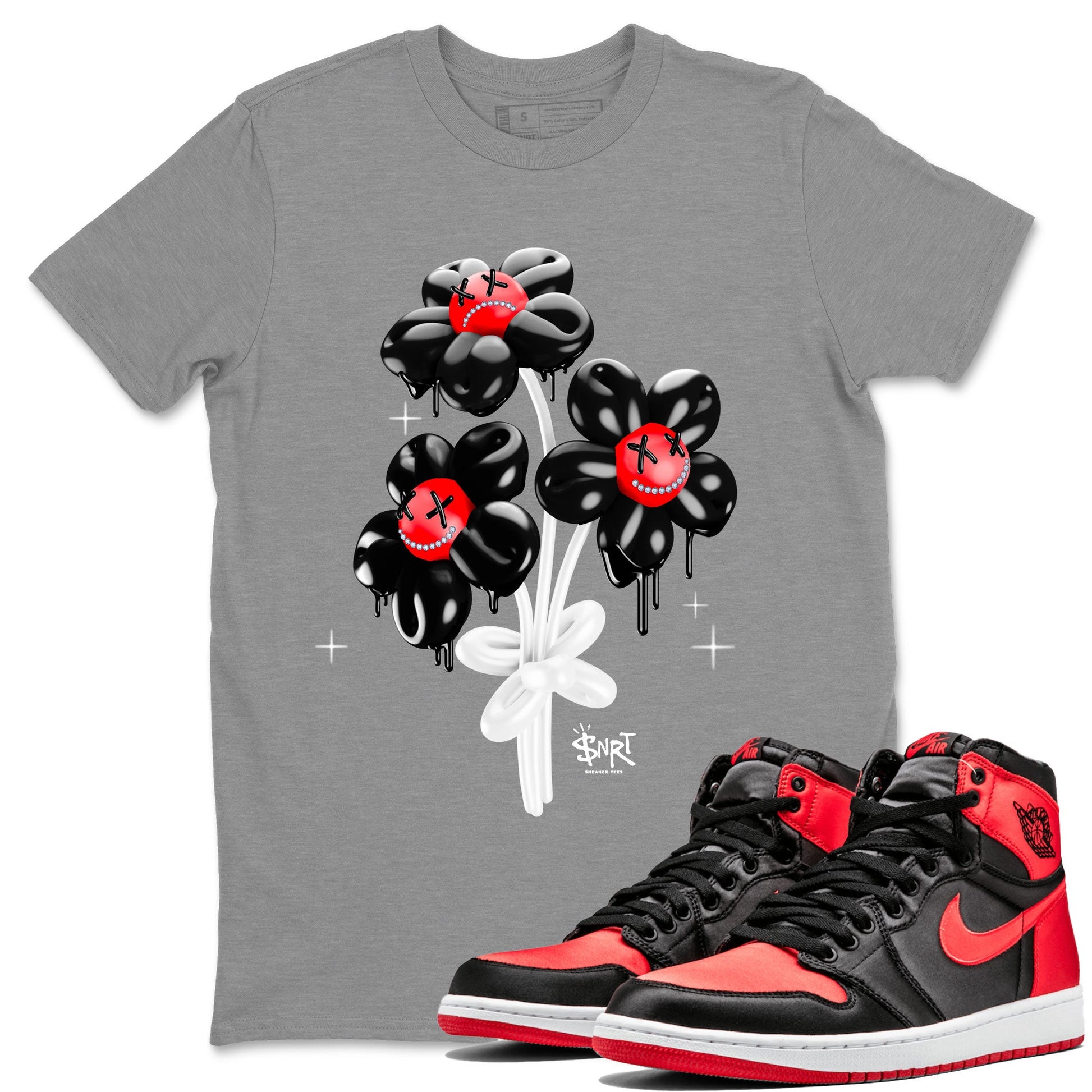 Air Jordan 1 Satin Bred Sneaker Match Tees Balloon Bouquet Sneaker Tees 1s Satin Bred SNRT Sneaker Release Tees Unisex Shirts Heather Grey 1