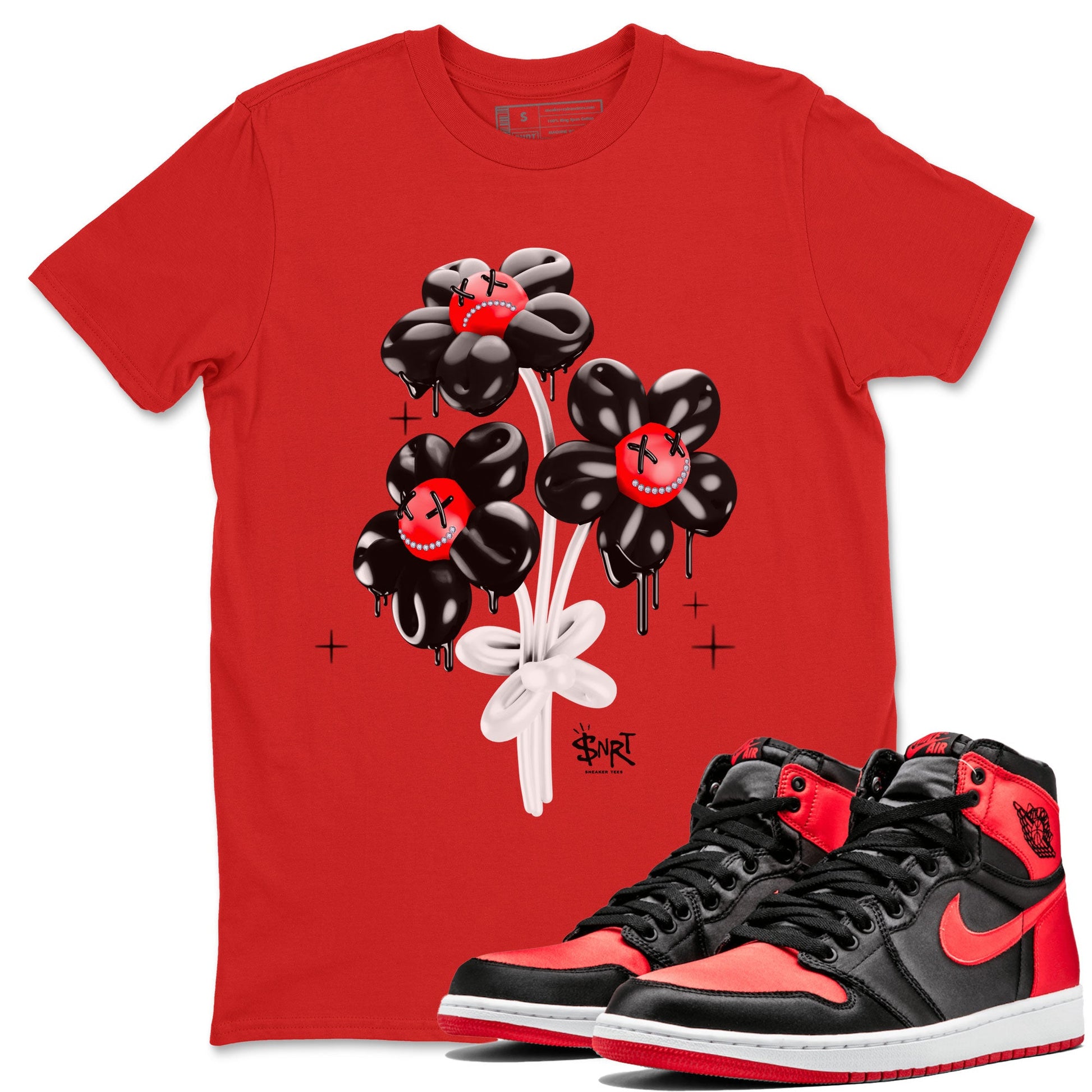 Air Jordan 1 Satin Bred Sneaker Match Tees Balloon Bouquet Sneaker Tees 1s Satin Bred SNRT Sneaker Release Tees Unisex Shirts Red 2