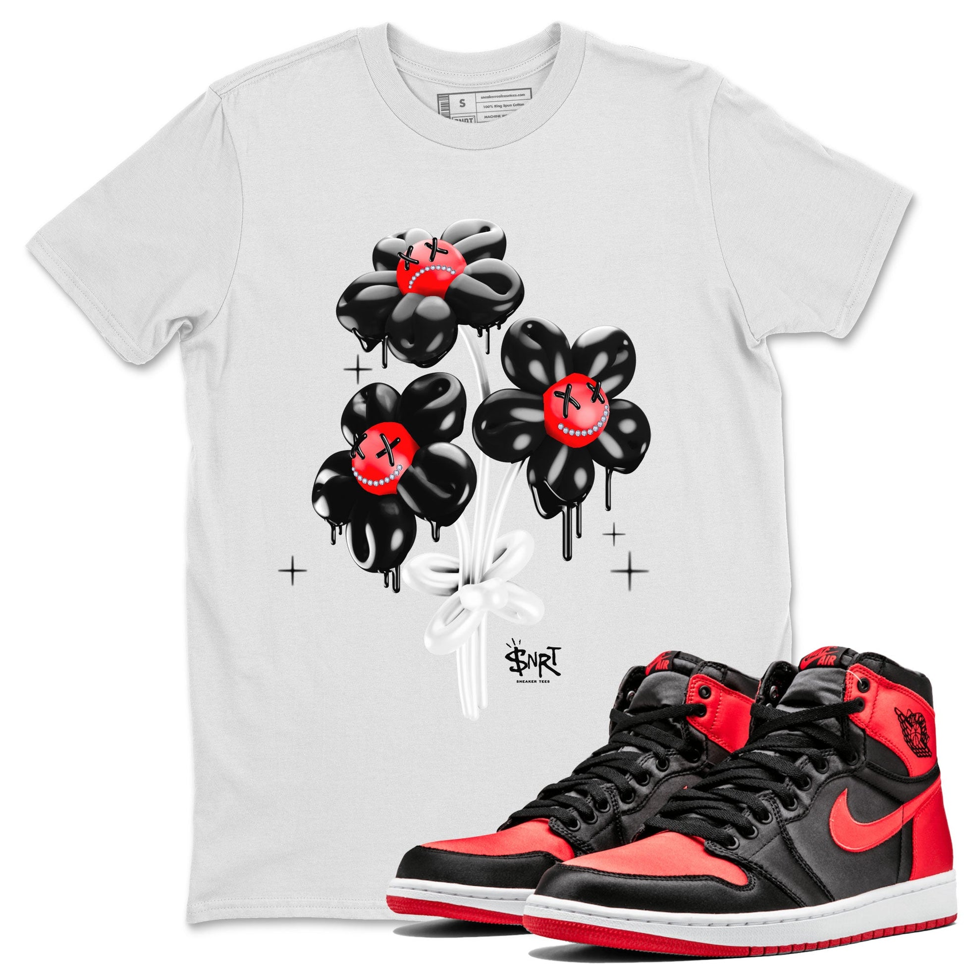 Air Jordan 1 Satin Bred Sneaker Match Tees Balloon Bouquet Sneaker Tees 1s Satin Bred SNRT Sneaker Release Tees Unisex Shirts White 1
