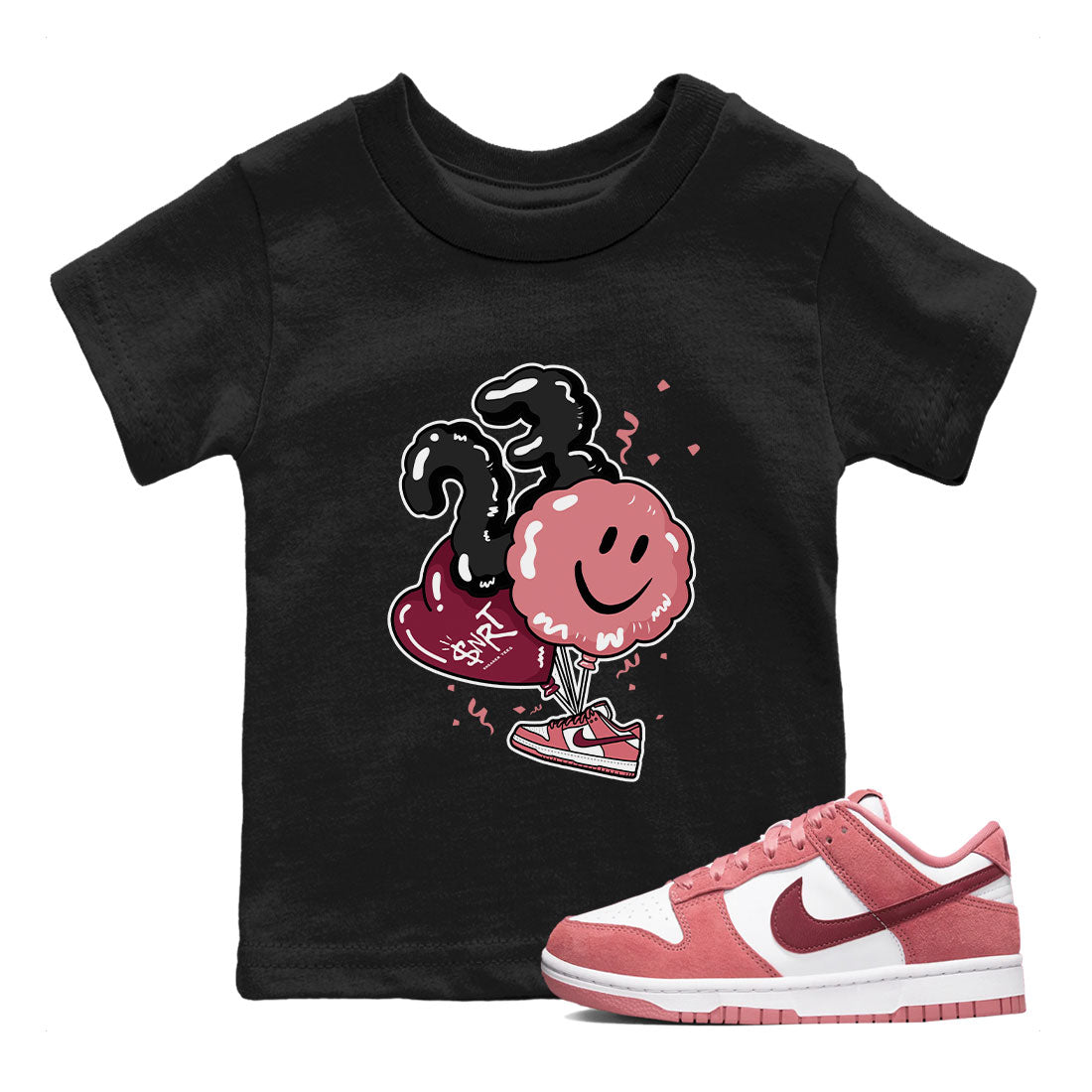 Dunks Valentines Day shirt to match jordans Balloon sneaker tees Dunks Valentine's Day SNRT sneaker release tees baby toddler Black 1 cotton Shirt