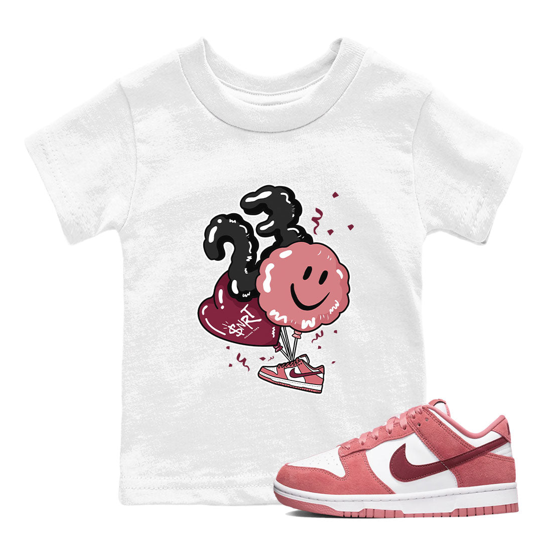 Dunks Valentines Day shirt to match jordans Balloon sneaker tees Dunks Valentine's Day SNRT sneaker release tees baby toddler White 1 cotton Shirt
