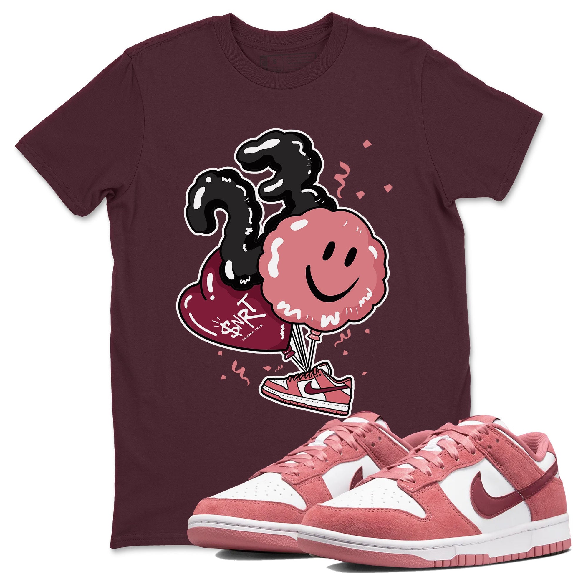 Dunks Valentines Day shirt to match jordans Balloon sneaker tees Dunks Valentine's Day SNRT sneaker Release Tees unisex cotton Maroon 1 crew neck shirt