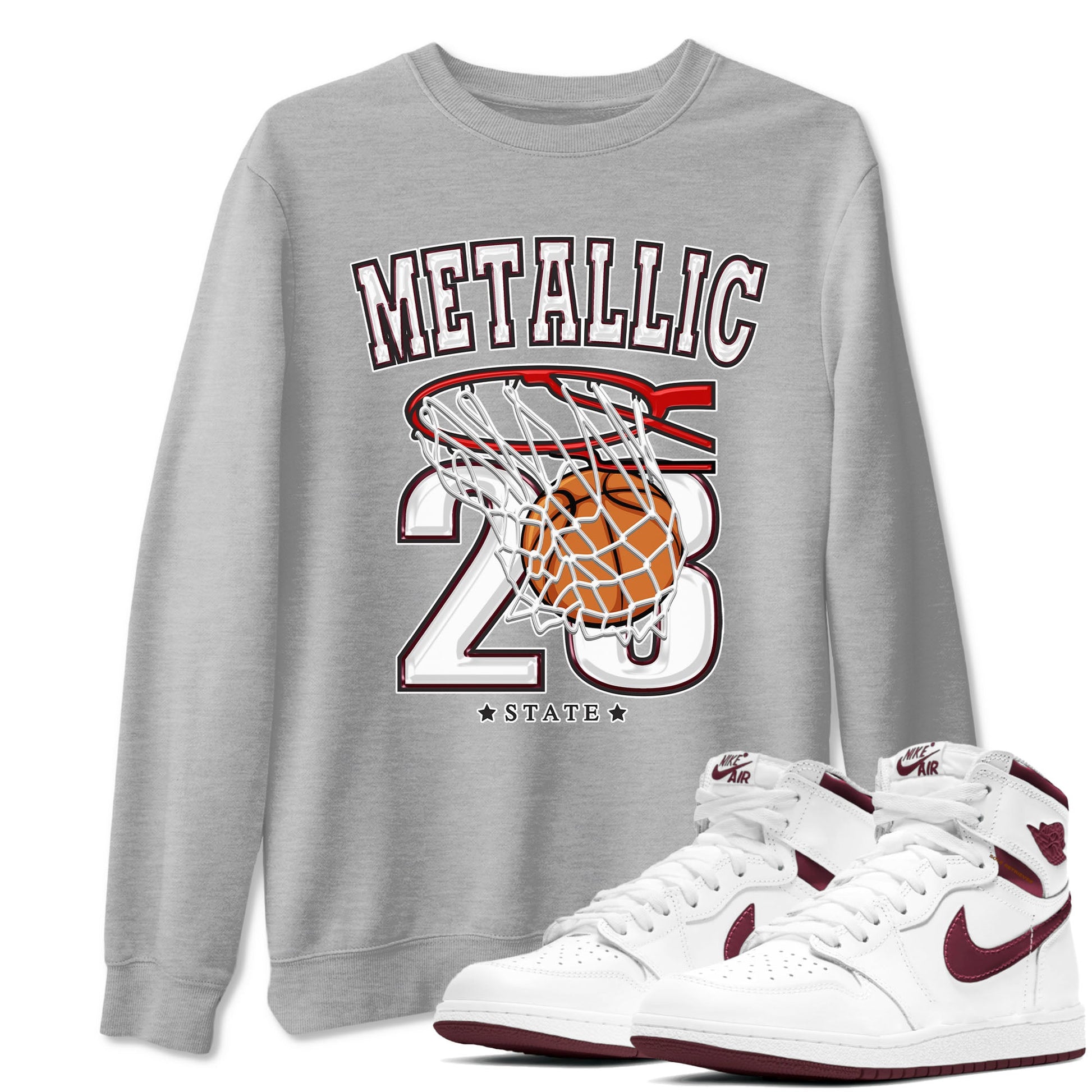 AJ1 Metalic Burgundy shirt to match jordans Basketball sneaker tees Air Jordan 1 Metalic Burgundy SNRT Sneaker Release Tees unisex cotton Heather Grey 1 crew neck shirt