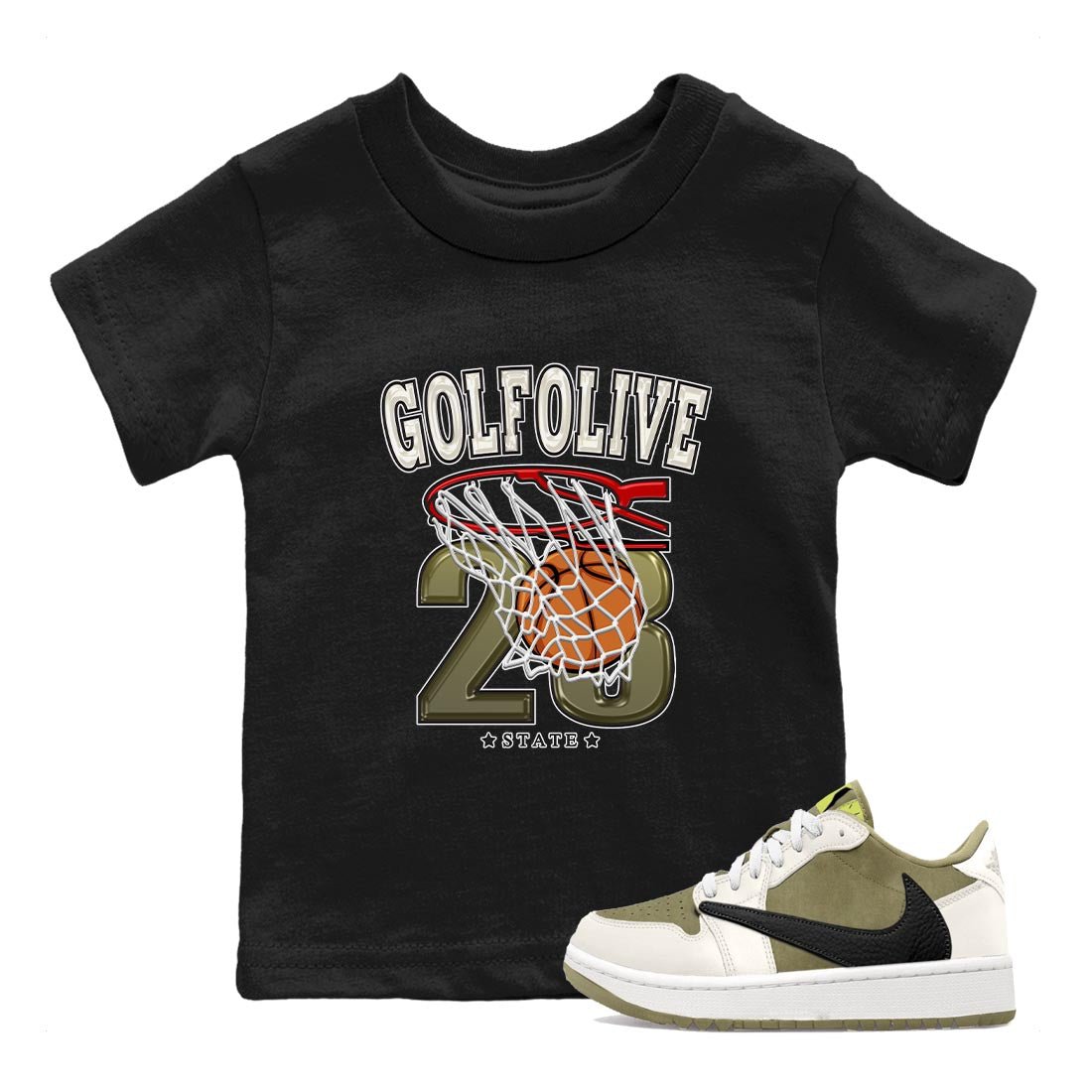 Jordan 1 Low X Travis Scott Golf Olive shirt to match jordans Basketball sneaker release tees Air Jordan 1 Travis Scott Golf Olive SNRT Sneaker Tees Baby Toddler Black 1 T-Shirt