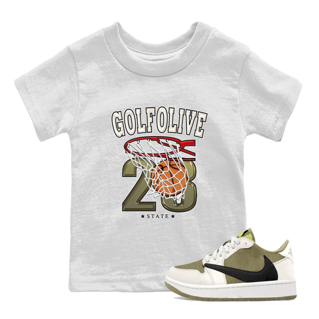 Jordan 1 Low X Travis Scott Golf Olive shirt to match jordans Basketball sneaker release tees Air Jordan 1 Travis Scott Golf Olive SNRT Sneaker Tees Baby Toddler White 1 T-Shirt