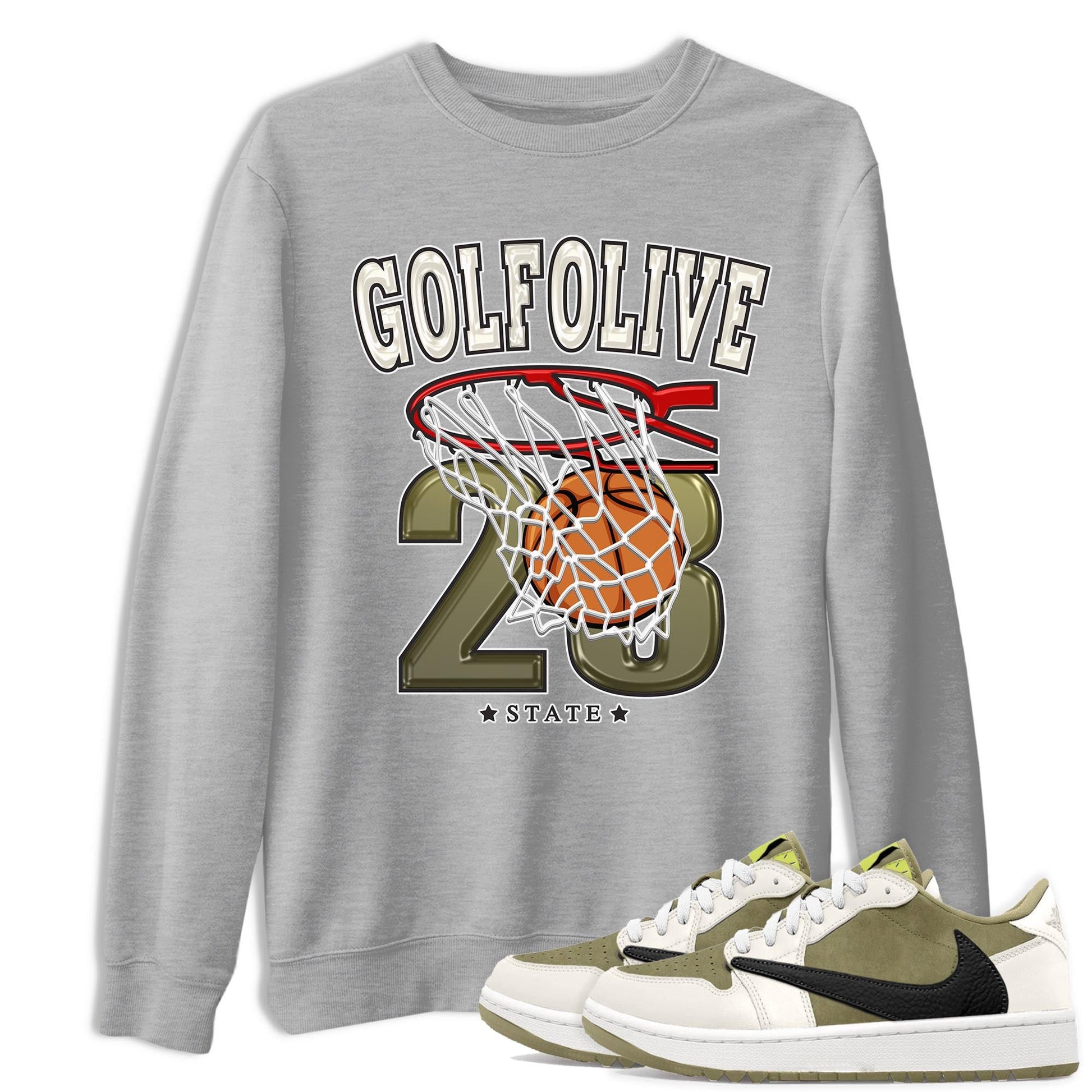 Jordan 1 Low X Travis Scott Golf Olive shirt to match jordans Basketball sneaker release tees Air Jordan 1 Travis Scott Golf Olive SNRT Sneaker Tees Unisex Streetwear Clothing Heather Grey 1 T-Shirt