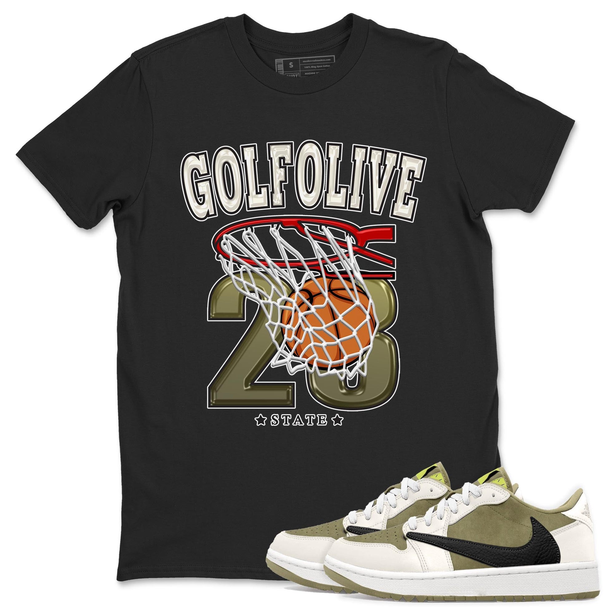 Jordan 1 Low X Travis Scott Golf Olive shirt to match jordans Basketball sneaker release tees Air Jordan 1 Travis Scott Golf Olive SNRT Sneaker Tees Unisex Streetwear Clothing Black 1 T-Shirt