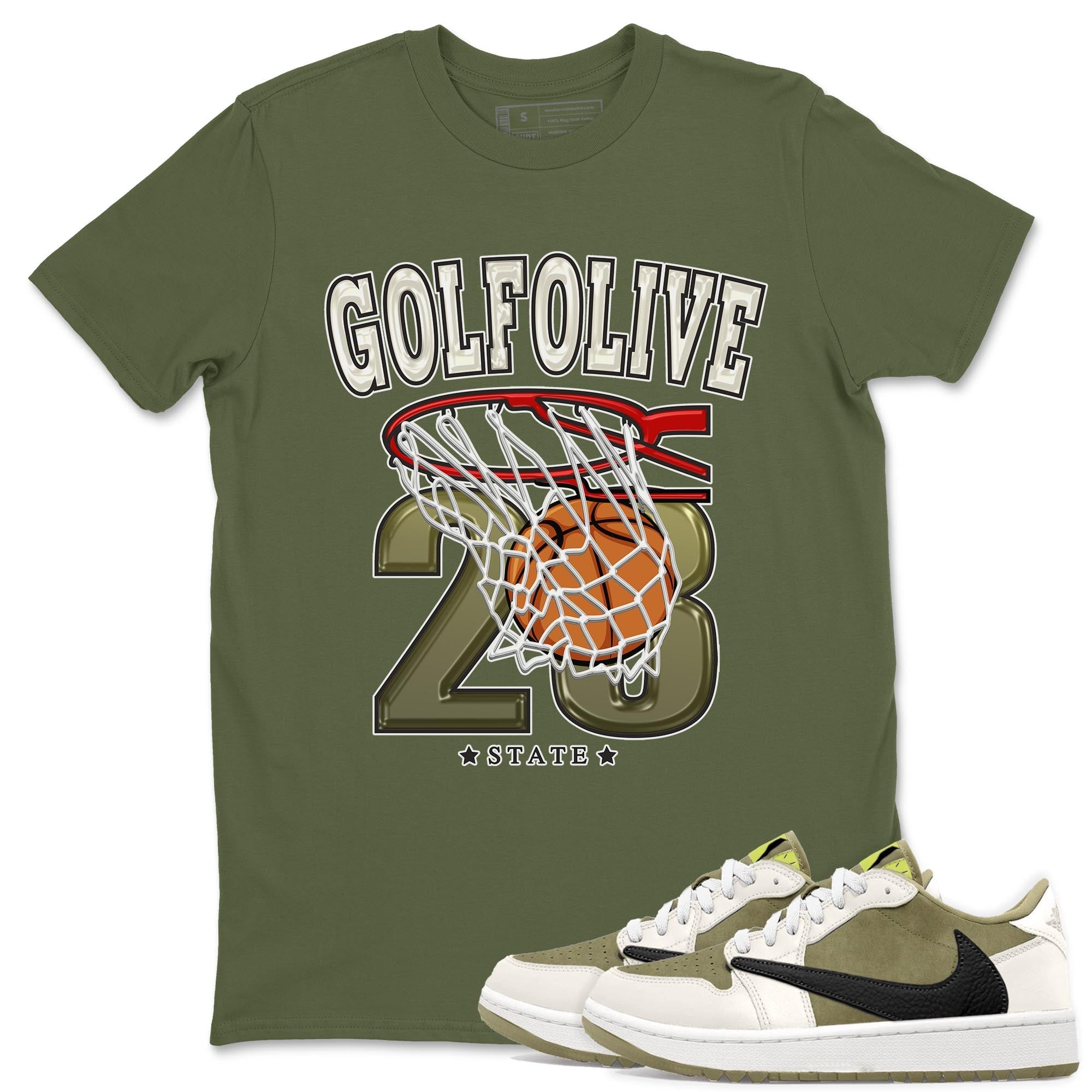 Jordan 1 Low X Travis Scott Golf Olive shirt to match jordans Basketball sneaker release tees Air Jordan 1 Travis Scott Golf Olive SNRT Sneaker Tees Unisex Streetwear Clothing Military Green 1 T-Shirt
