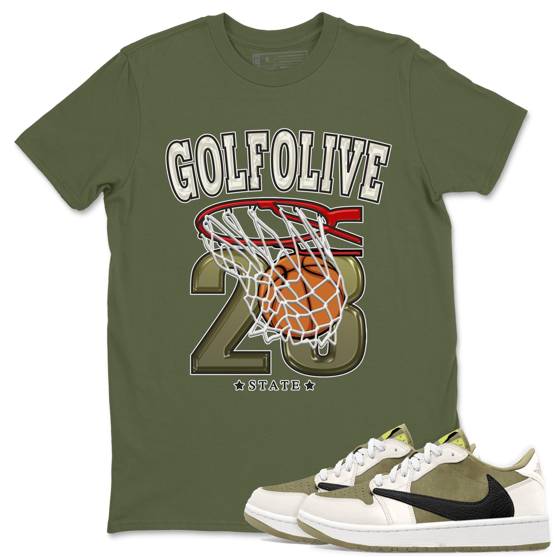 Jordan 1 Low X Travis Scott Golf Olive shirt to match jordans Basketball sneaker release tees Air Jordan 1 Travis Scott Golf Olive SNRT Sneaker Tees Unisex Streetwear Clothing Military Green 1 T-Shirt