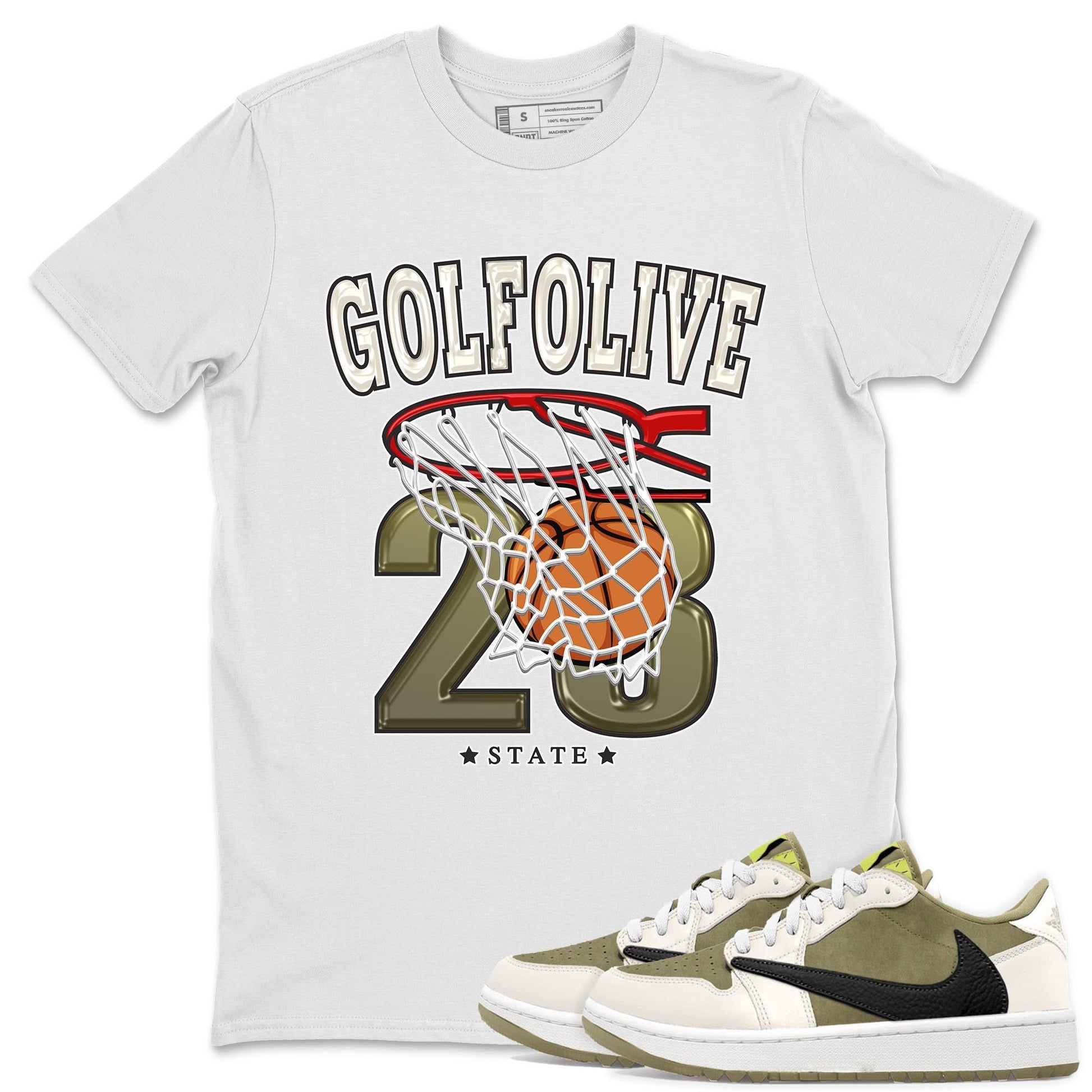 Jordan 1 Low X Travis Scott Golf Olive shirt to match jordans Basketball sneaker release tees Air Jordan 1 Travis Scott Golf Olive SNRT Sneaker Tees Unisex Streetwear Clothing White 1 T-Shirt