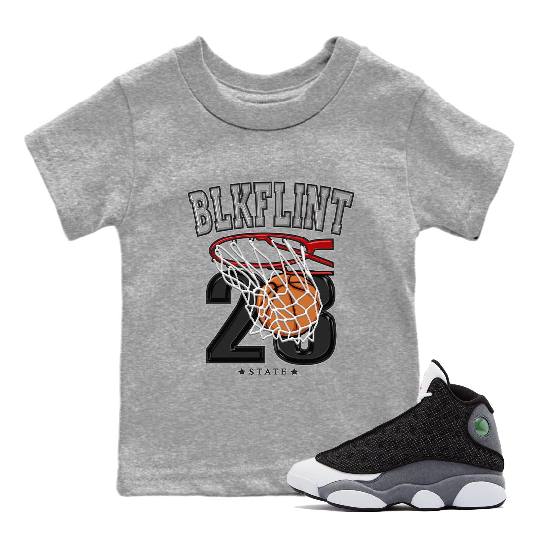 Air Jordan 13 Black Flint Sneaker Match Tees Basketball Sneaker Tees AJ 13s Black Flint Sneaker Release Tees Kids Shirts Heather Grey 1