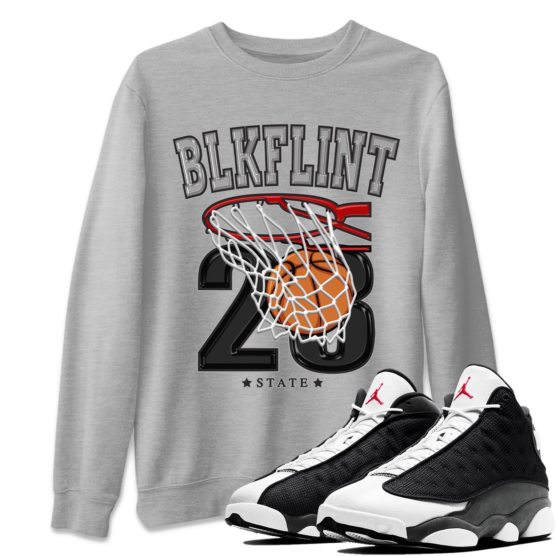 Air Jordan 13 Black Flint Sneaker Match Tees Basketball Sneaker Tees AJ 13s Black Flint Sneaker Release Tees Unisex Shirts Heather Grey 1
