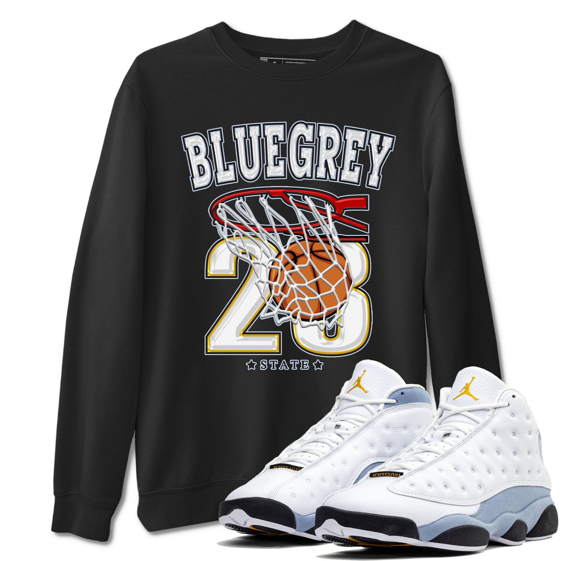 13s Blue Grey shirt to match jordans Basketball sneaker tees Air Jordan 13 Blue Grey SNRT Sneaker Release Tees unisex cotton Black 1 crew neck shirt