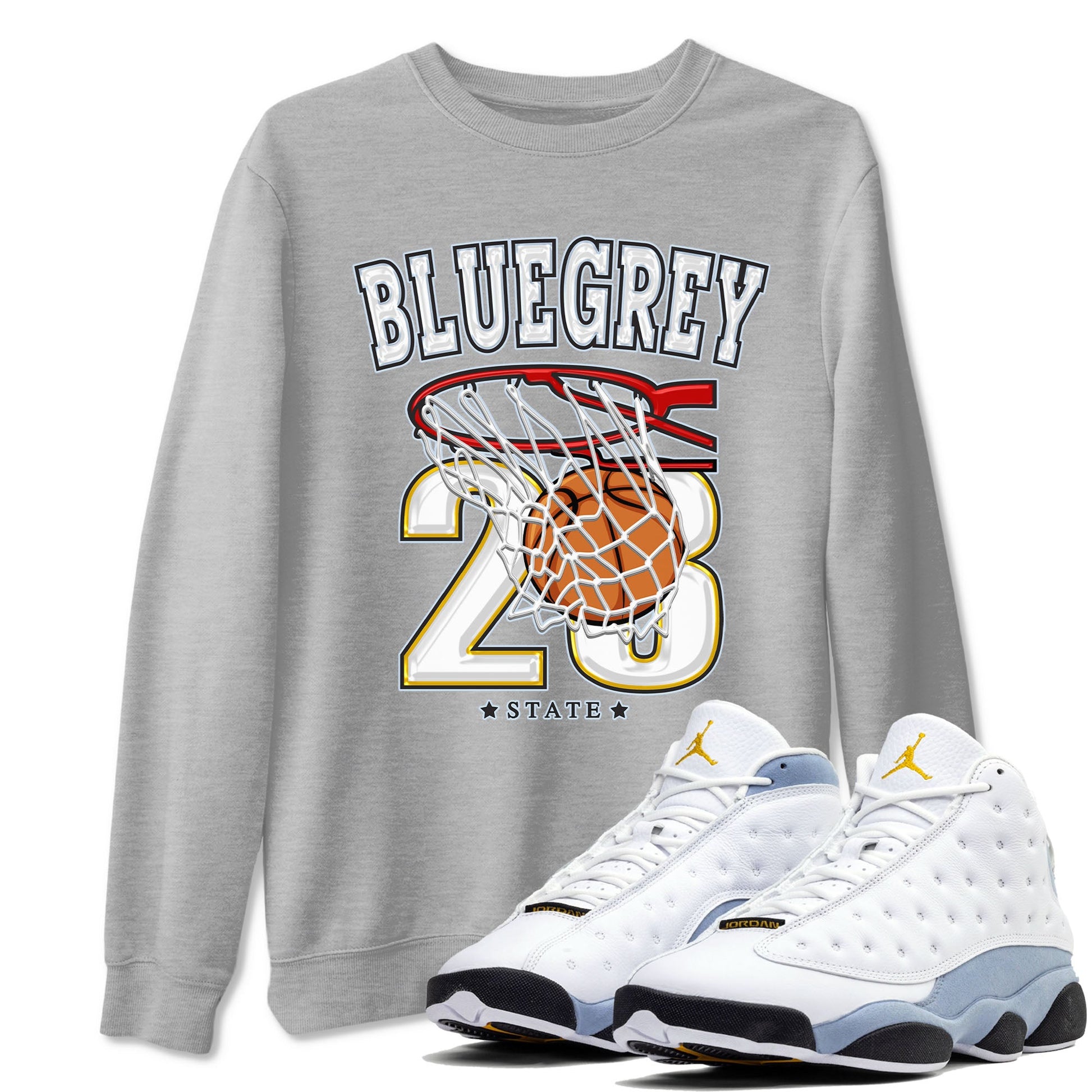 13s Blue Grey shirt to match jordans Basketball sneaker tees Air Jordan 13 Blue Grey SNRT Sneaker Release Tees unisex cotton Heather Grey 1 crew neck shirt