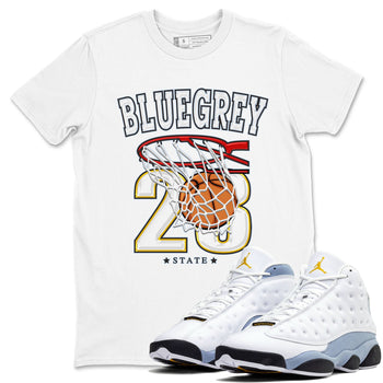 13s Blue Grey shirt to match jordans Basketball sneaker tees Air Jordan 13 Blue Grey SNRT Sneaker Release Tees unisex cotton White 1 crew neck shirt