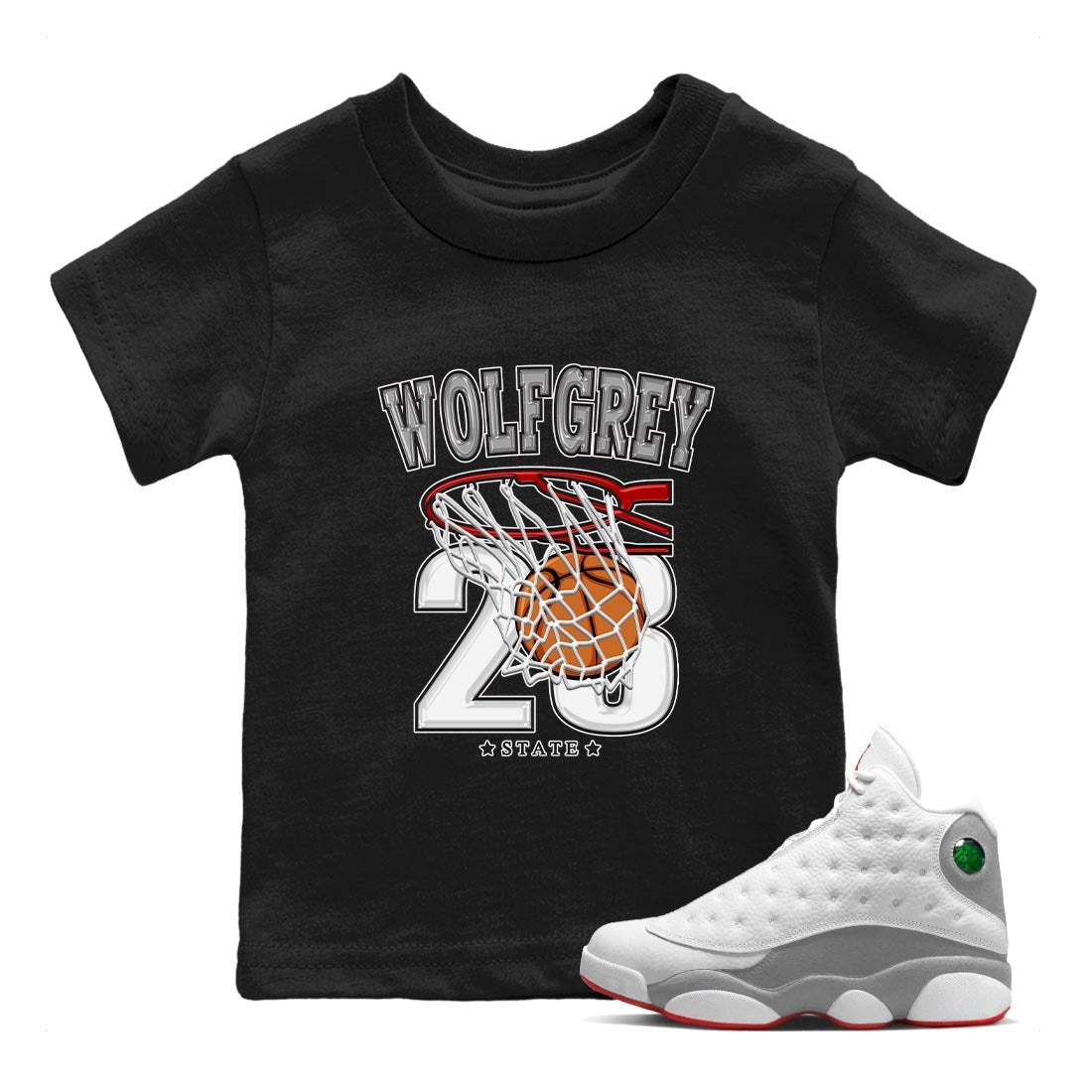 AJ13 Wolf Grey Sneaker Match Tees Basketball Sneaker Tees Air Jordan 13 Wolf Grey SNRT Sneaker Release Tees Kids Shirts Black 1