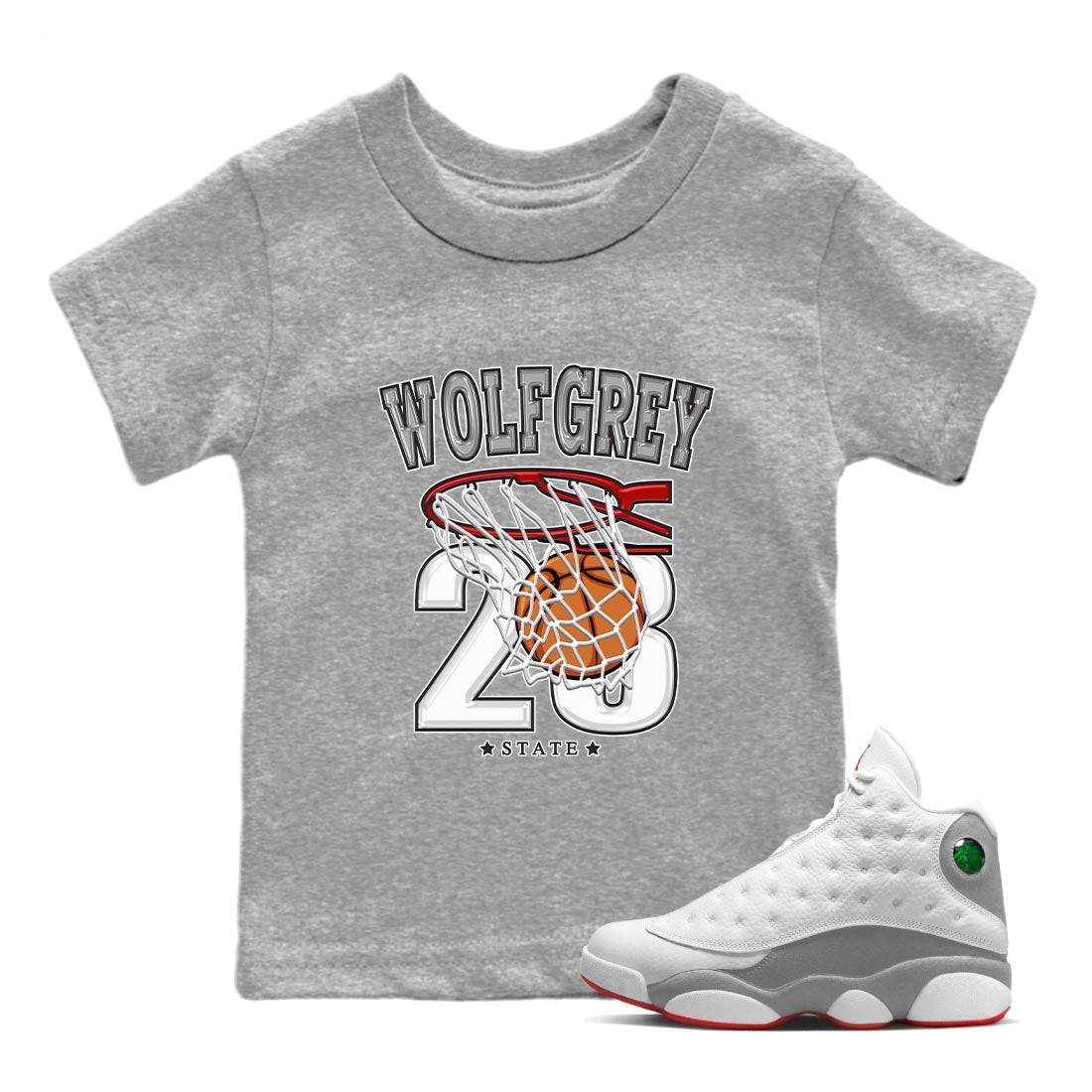 AJ13 Wolf Grey Sneaker Match Tees Basketball Sneaker Tees Air Jordan 13 Wolf Grey SNRT Sneaker Release Tees Kids Shirts Heather Grey 1