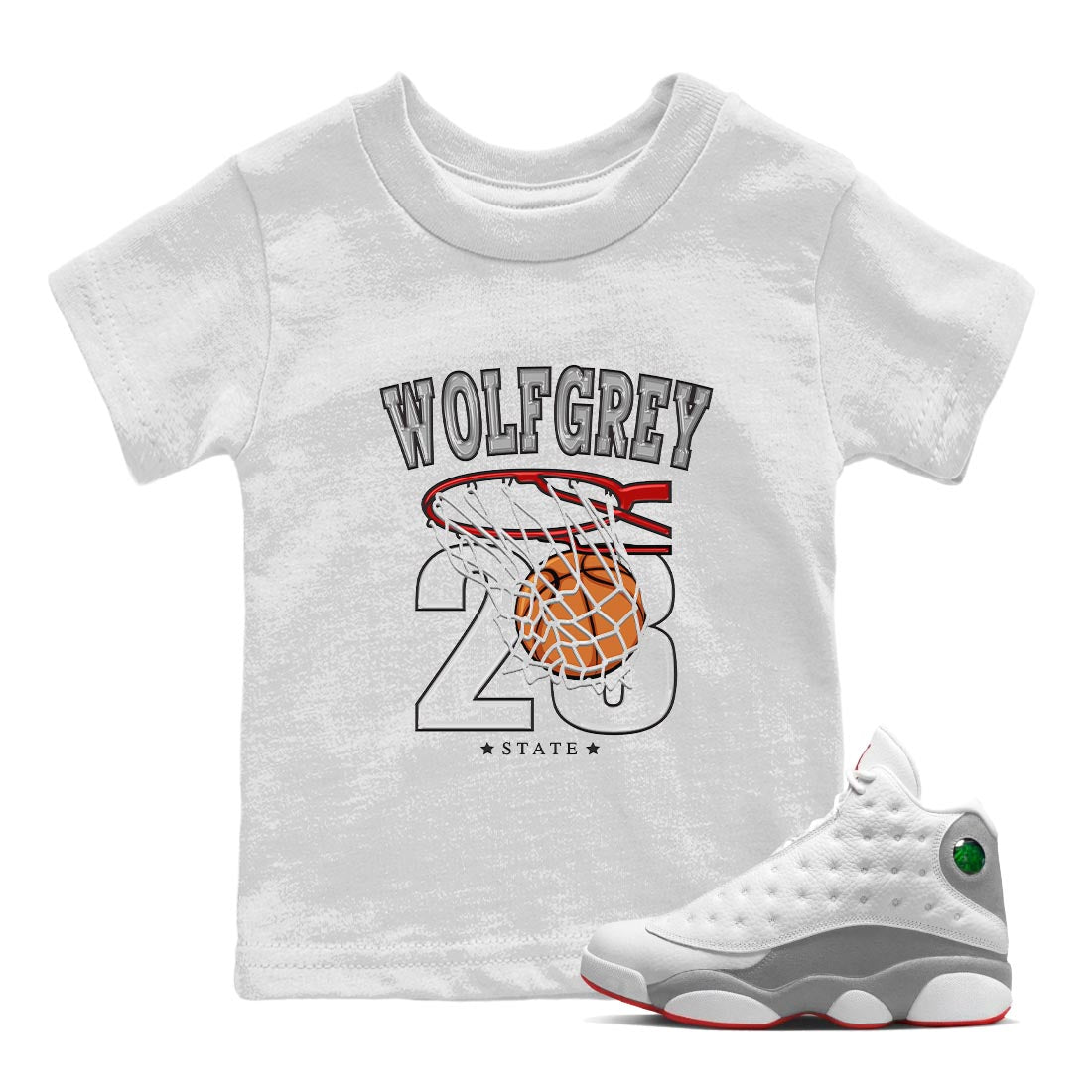 AJ13 Wolf Grey Sneaker Match Tees Basketball Sneaker Tees Air Jordan 13 Wolf Grey SNRT Sneaker Release Tees Kids Shirts White 1