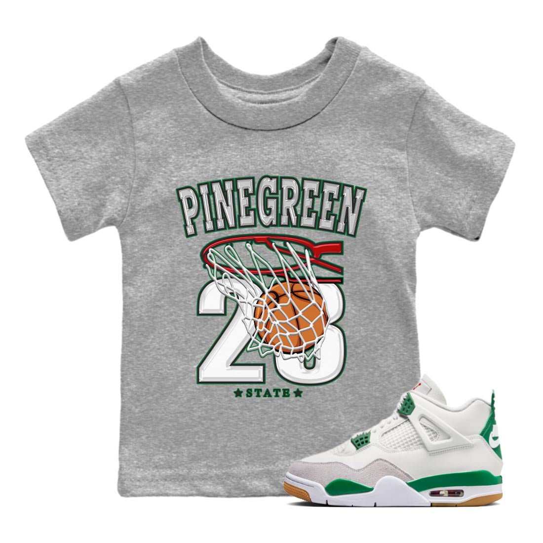 Air Jordan 4 Pine Green Sneaker Match Tees Basketball Sneaker Tees AJ 4s Pine Green Sneaker Release Tees Kids Shirts Heather Grey 1