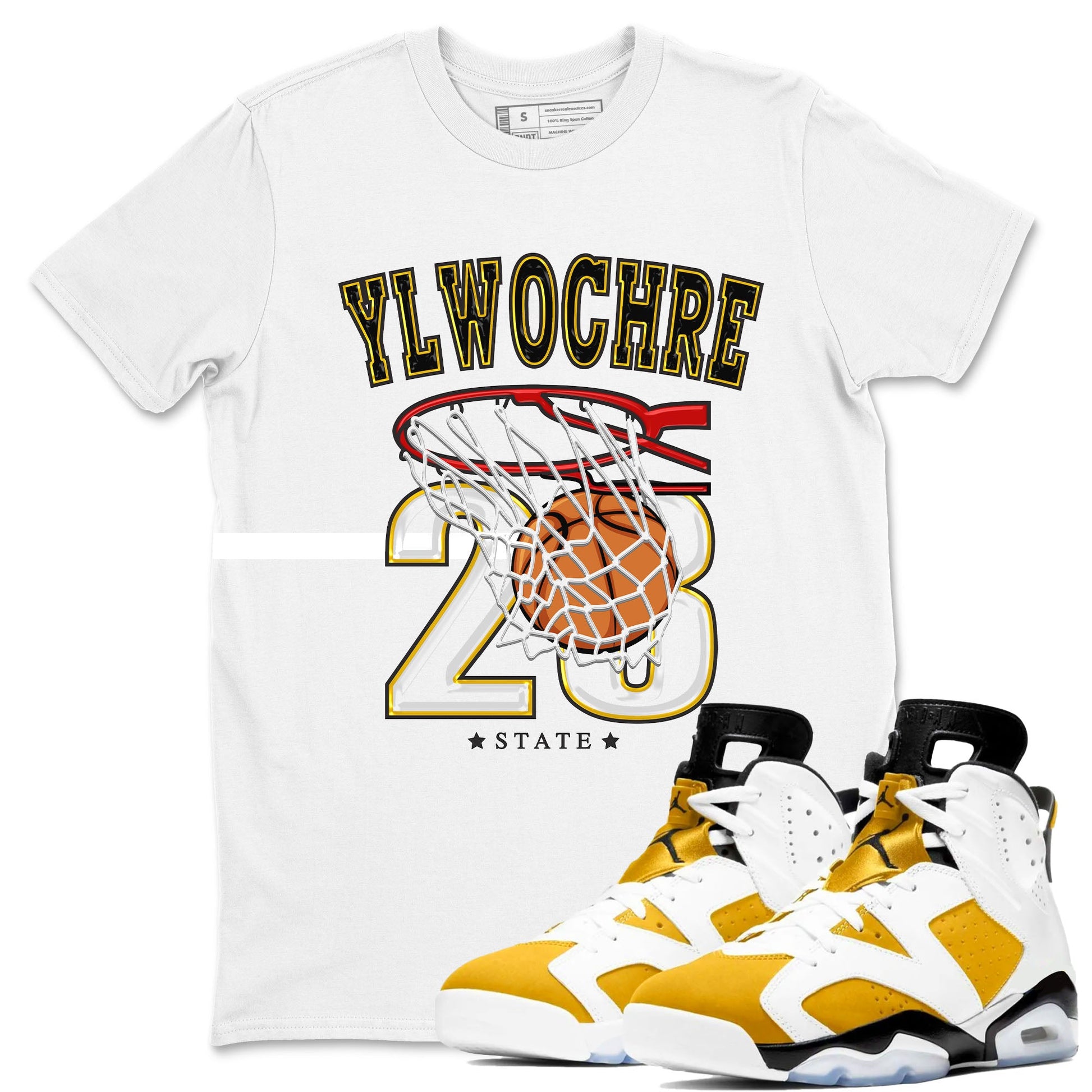 Basketball sneaker match tees to Yellow Ochre 6s street fashion brand for shirts to match Jordans SNRT Sneaker Tees Air Jordan 6 Yellow Ochre unisex t-shirt White 1 unisex shirt