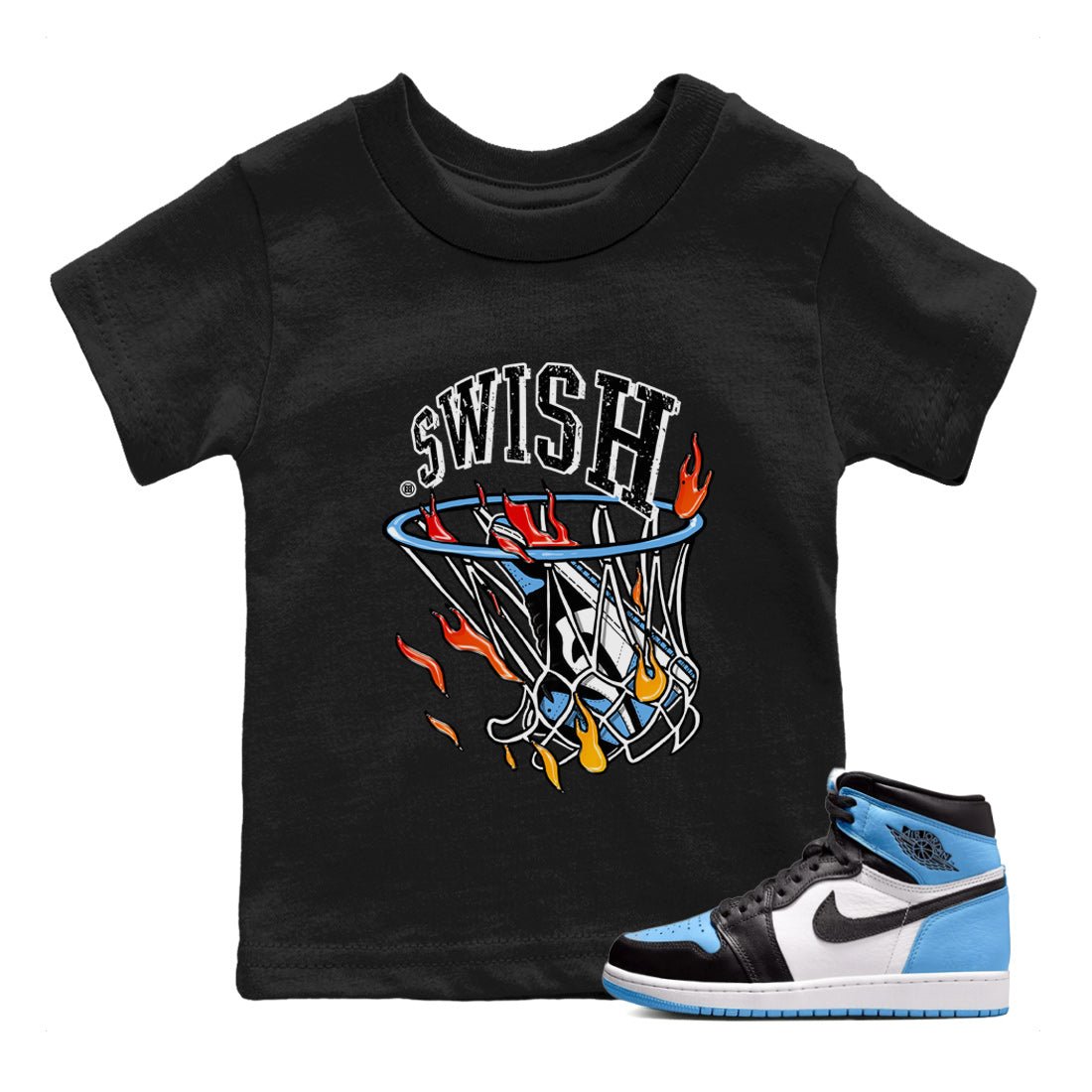 Air Jordan 1 Retro High OG UNC Toe Shirt to match Jordans Basketball Hoop Sneaker Tees Air Jordan 1 High OG UNC Toe Tees Kids and Baby Tees Black 1