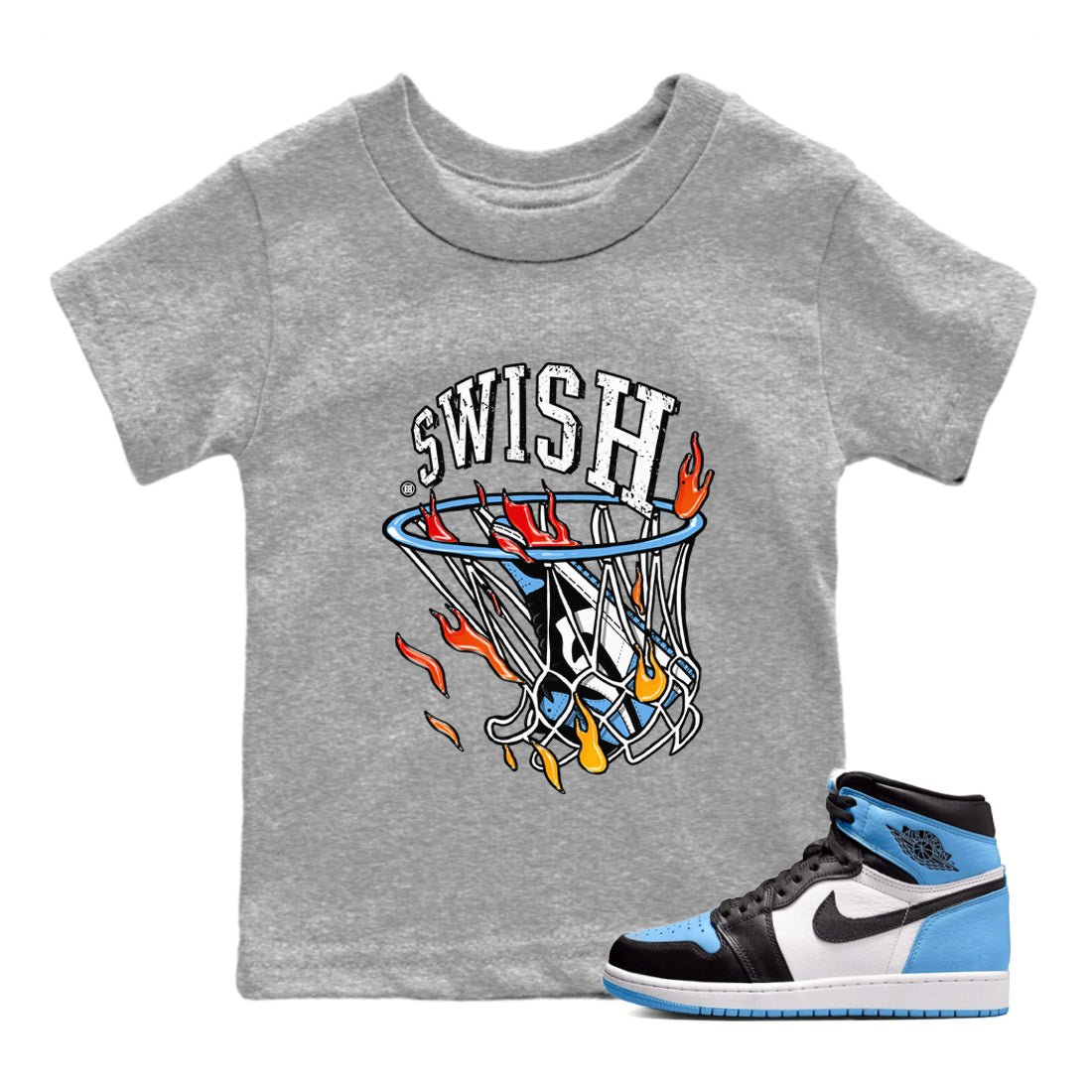 Air Jordan 1 Retro High OG UNC Toe Shirt to match Jordans Basketball Hoop Sneaker Tees Air Jordan 1 High OG UNC Toe Tees Kids and Baby Tees Heather Grey 1
