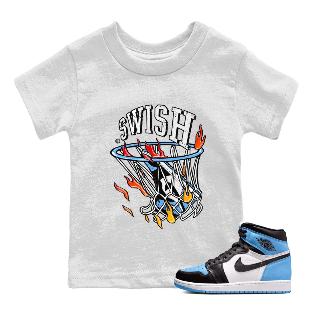 Air Jordan 1 Retro High OG UNC Toe Shirt to match Jordans Basketball Hoop Sneaker Tees Air Jordan 1 High OG UNC Toe Tees Kids and Baby Tees White 1
