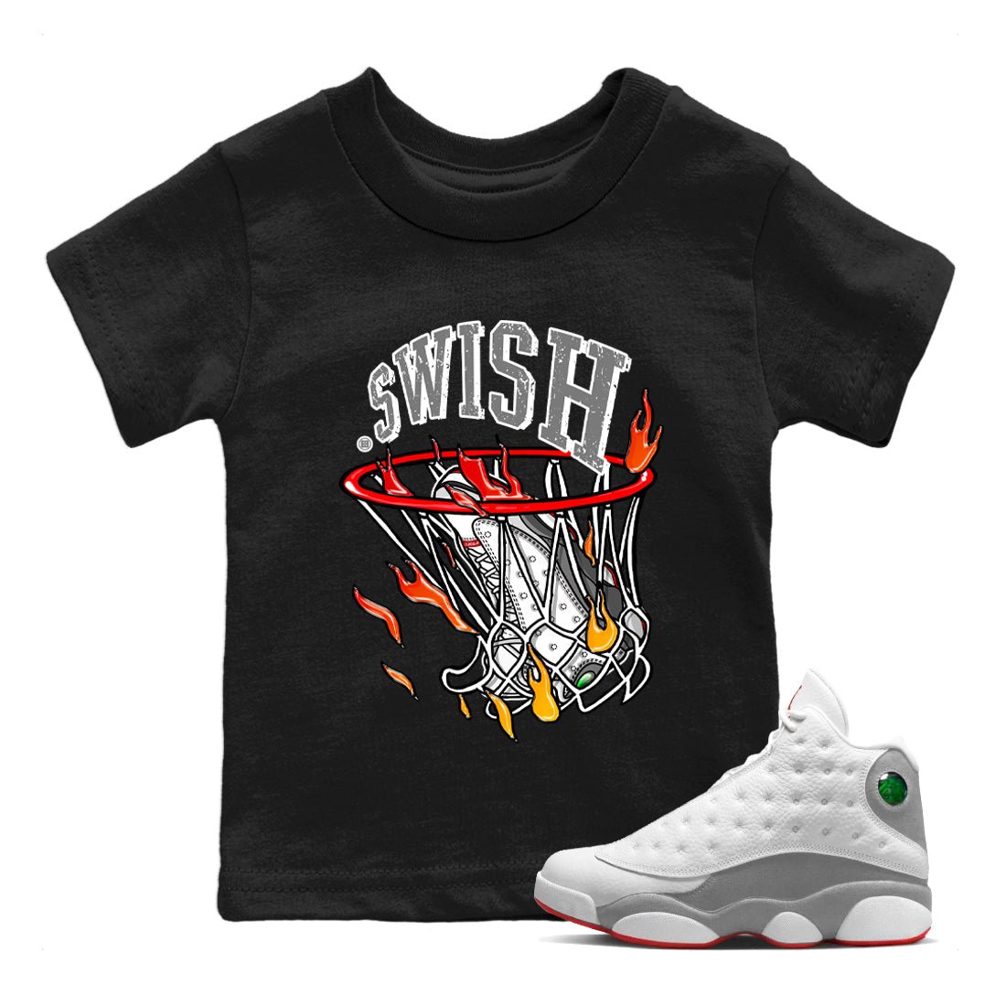 Air Jordan 13 Wolf Grey Sneaker Match Tees Basketball Hoop Sneaker Tees Air Jordan 13 Retro Wolf Grey T-Shirt Kids Shirts Black 1
