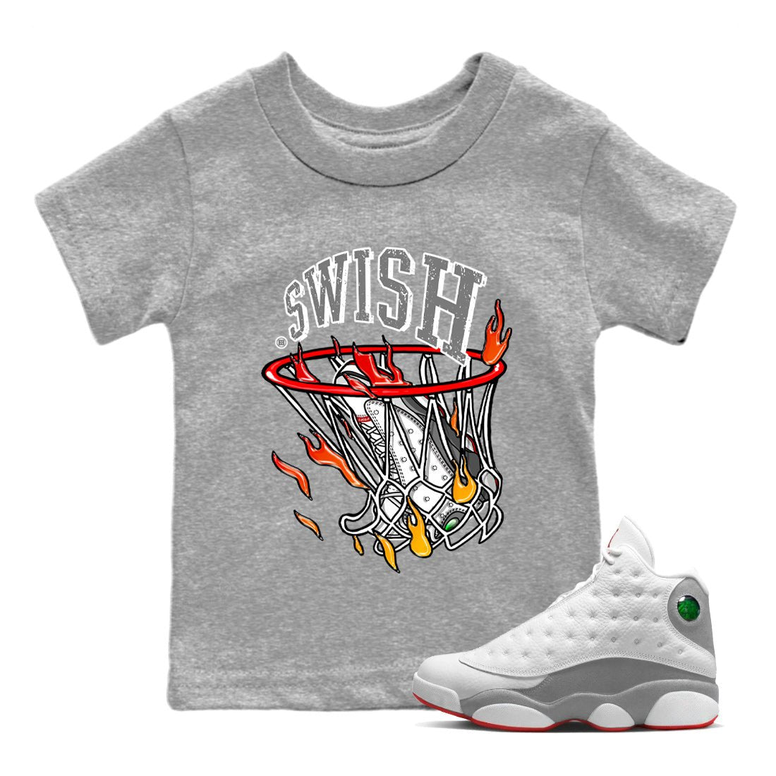 Air Jordan 13 Wolf Grey Sneaker Match Tees Basketball Hoop Sneaker Tees Air Jordan 13 Retro Wolf Grey T-Shirt Kids Shirts Heather Grey 1