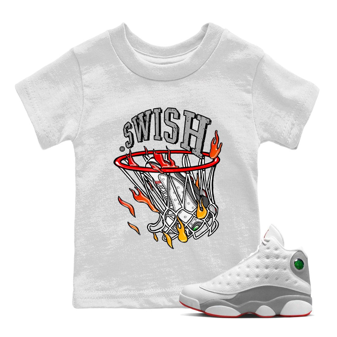 Air Jordan 13 Wolf Grey Sneaker Match Tees Basketball Hoop Sneaker Tees Air Jordan 13 Retro Wolf Grey T-Shirt Kids Shirts White 1