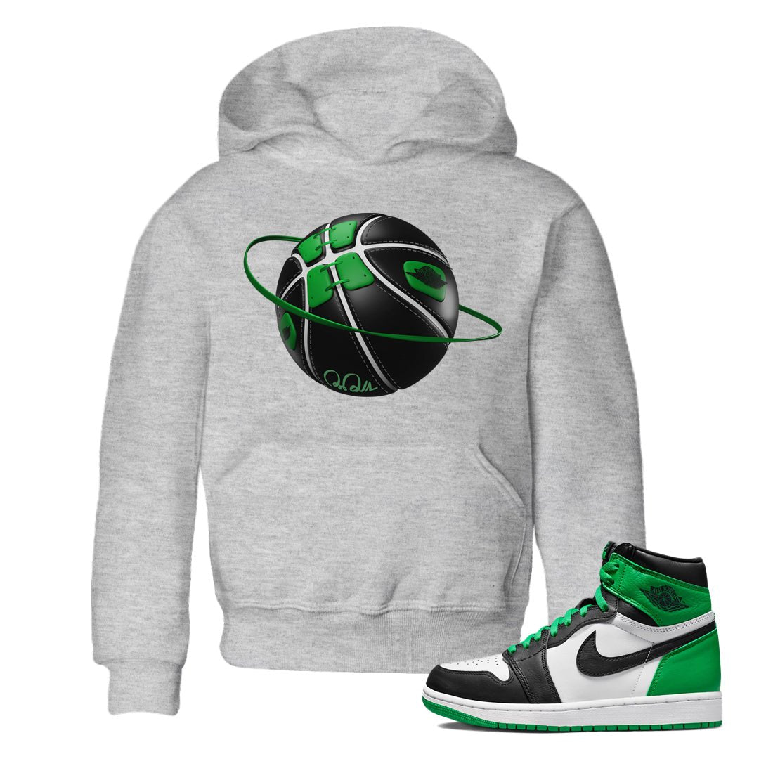 Air Jordan 1 Celtics Sneaker Match Tees Basketball Planet Sneaker Tees AJ1 High OG Lucky Green Sneaker Release Tees Kids Shirts Heather Grey 1