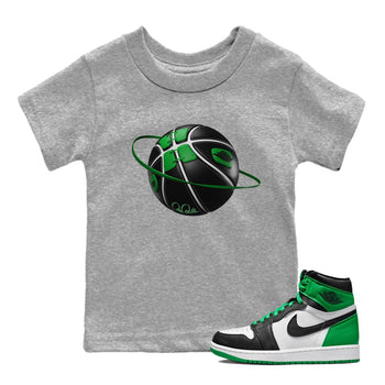 Air Jordan 1 Celtics Sneaker Match Tees Basketball Planet Sneaker Tees AJ1 High OG Lucky Green Sneaker Release Tees Kids Shirts Heather Grey 1