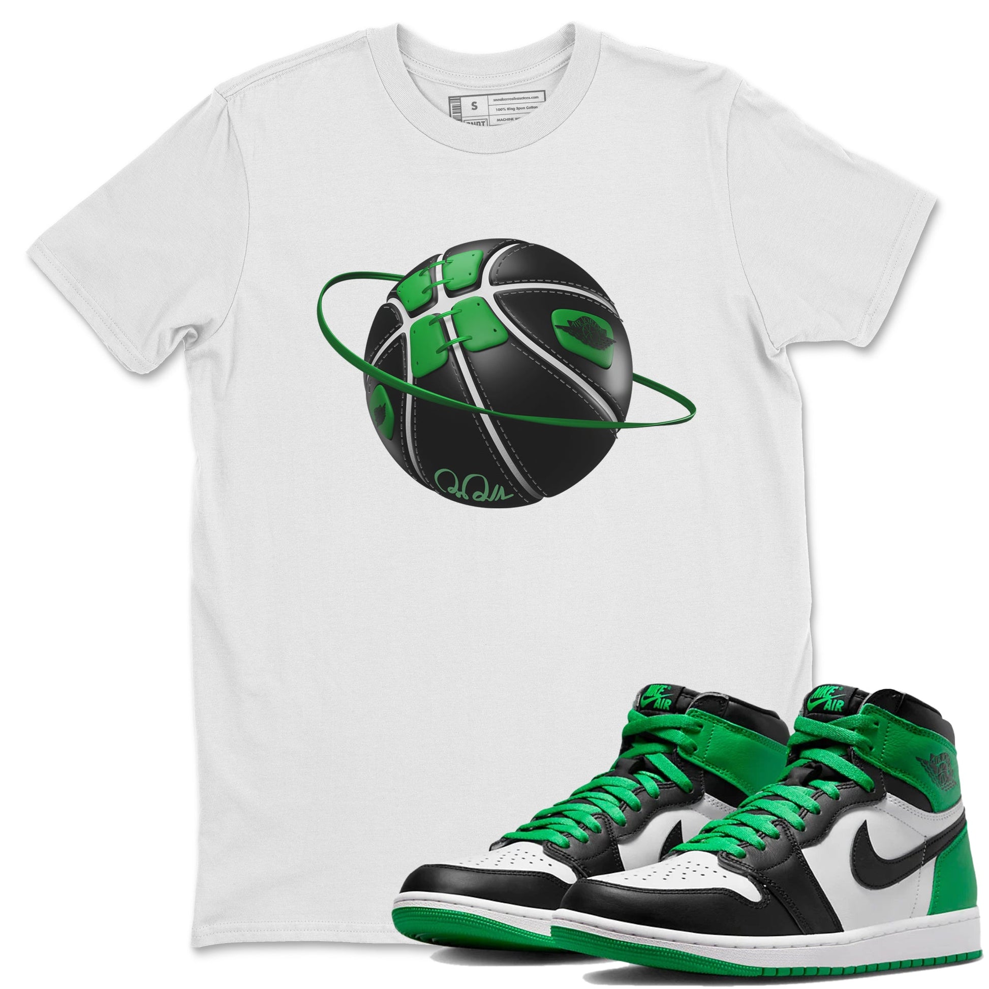 Air Jordan 1 Celtics Sneaker Match Tees Basketball Planet Sneaker Tees AJ1 High OG Lucky Green Sneaker Release Tees Unisex Shirts White 1