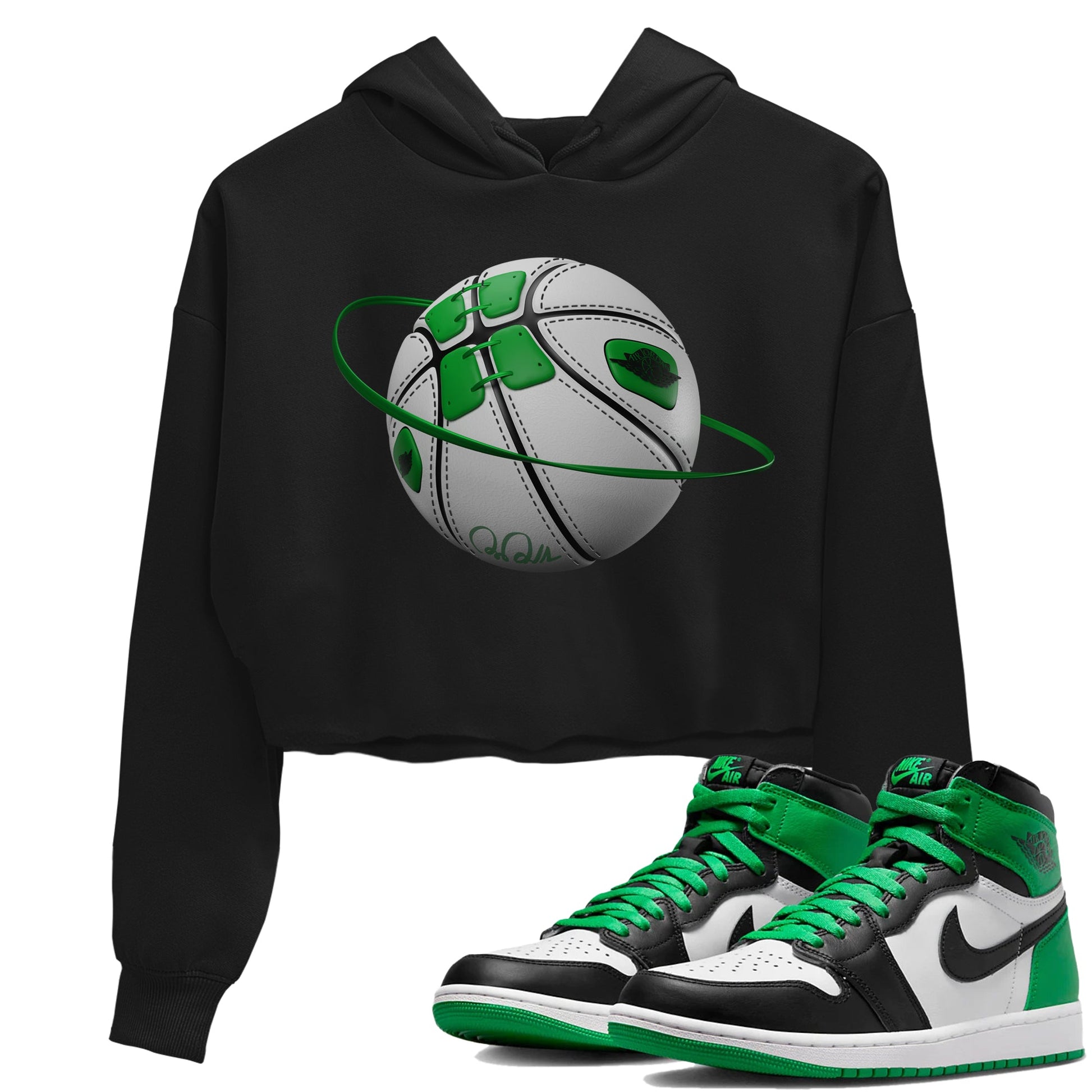 Air Jordan 1 Celtics Sneaker Match Tees Basketball Planet Sneaker Tees AJ1 High OG Lucky Green Sneaker Release Tees Women's Shirts Black 1