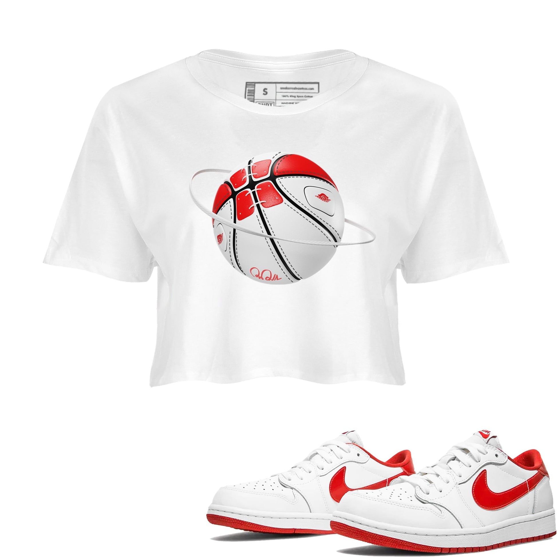 Jordan 1 Low University Red shirt to match jordans Basketball Planet sneakertees AJ1 Low University Red SNRT Sneaker Release Tees White 1 Crop T-Shirt