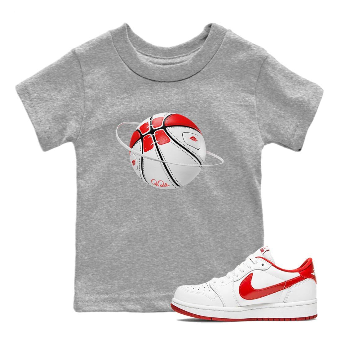 Jordan 1 Low University Red shirt to match jordans Basketball Planet sneakertees AJ1 Low University Red SNRT Sneaker Release Tees Baby Toddler Heather Grey 1 T-Shirt
