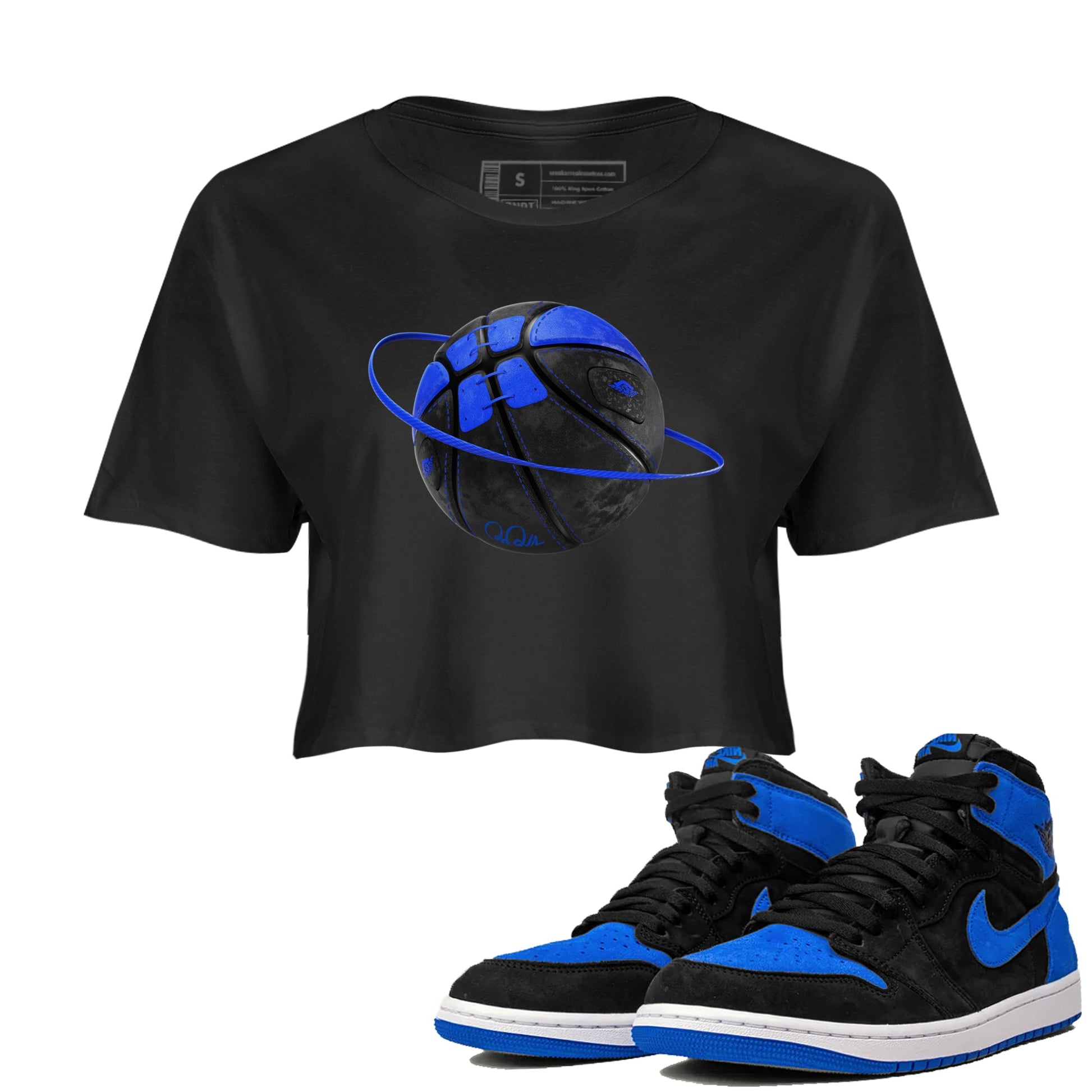 Air Jordan 1 Royal Reimagined shirt to match jordans Basketball Planet sneaker tees AJ1 OG HIGH Royal Reimagined SNRT Sneaker Release Tees Black 1 Crop T-Shirt