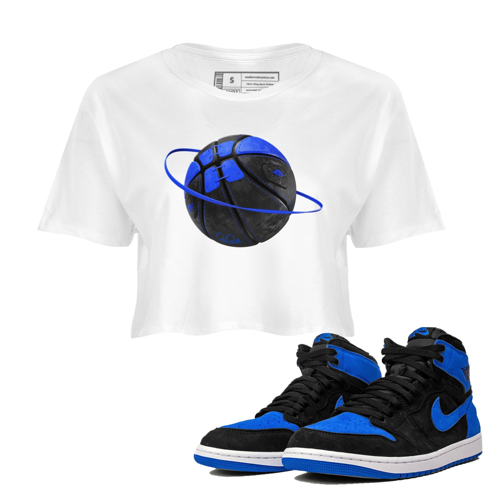Air Jordan 1 Royal Reimagined shirt to match jordans Basketball Planet sneaker tees AJ1 OG HIGH Royal Reimagined SNRT Sneaker Release Tees White 1 Crop T-Shirt