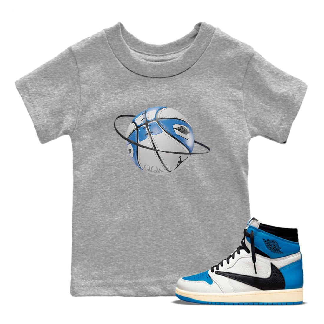 Air Jordan 1 Travis Scott Fragment Sneaker Match Tees Basketball Planet Sneaker Tees AJ1 OG High Travis Scott Fragment Sneaker Release Tees Kids Shirts Heather Grey 1
