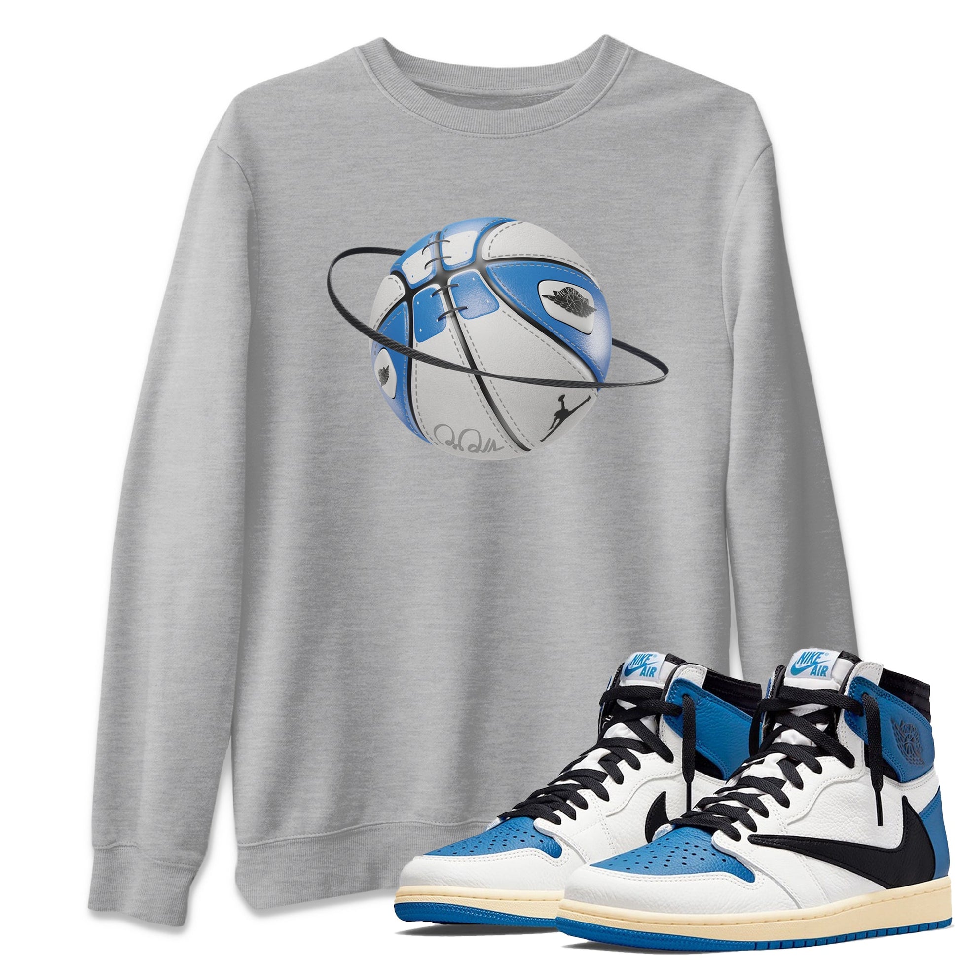 Air Jordan 1 Travis Scott Fragment Sneaker Match Tees Basketball Planet Sneaker Tees AJ1 OG High Travis Scott Fragment Sneaker Release Tees Unisex Shirts Heather Grey 1