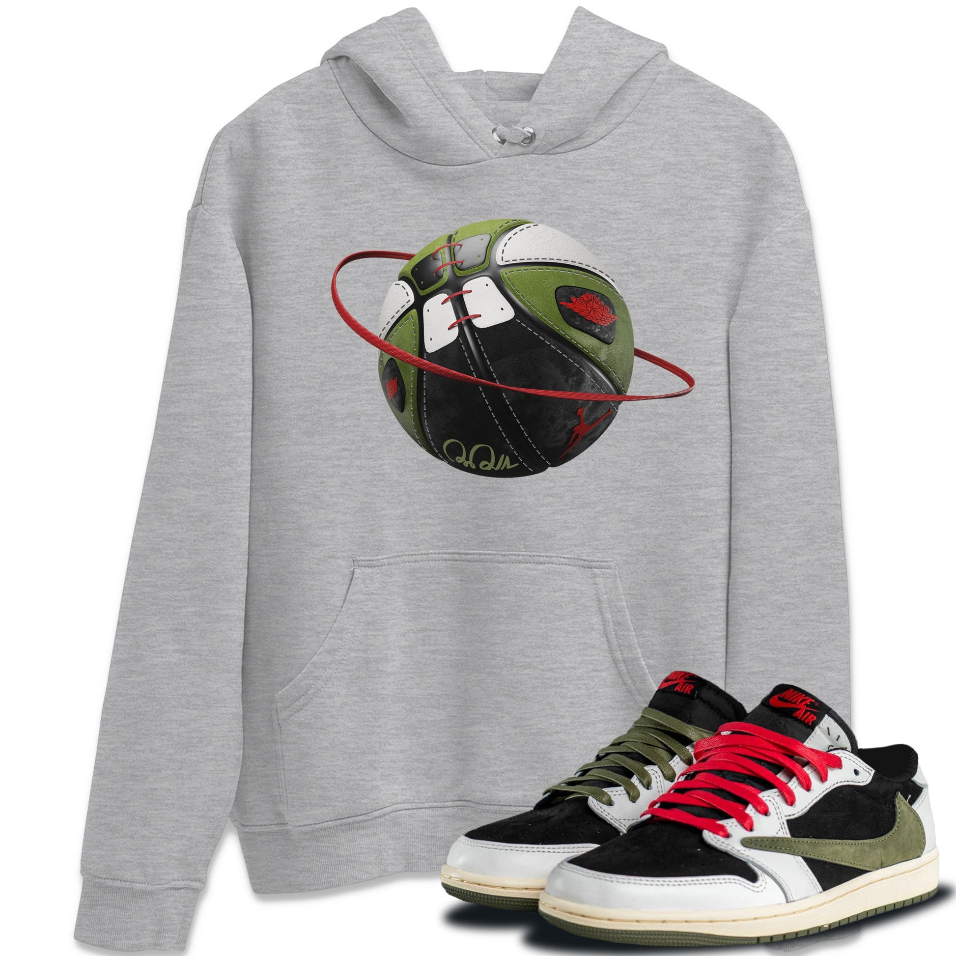 Air Jordan 1 Travis Scott Olive Sneaker Match Tees Basketball Planet Sneaker Tees AJ1 OG Travis Scott Olive Sneaker Release Tees Unisex Shirts Heather Grey 1