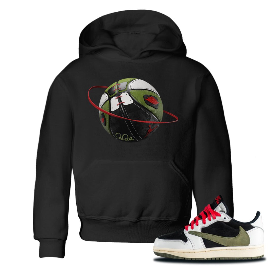 Air Jordan 1 Travis Scott Olive Sneaker Match Tees Basketball Planet Sneaker Tees AJ1 OG Travis Scott Olive Sneaker Release Tees Kids Shirts Black 1