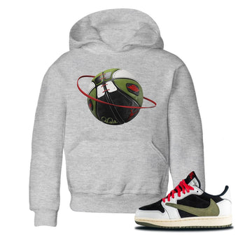 Air Jordan 1 Travis Scott Olive Sneaker Match Tees Basketball Planet Sneaker Tees AJ1 OG Travis Scott Olive Sneaker Release Tees Kids Shirts Heather Grey 1