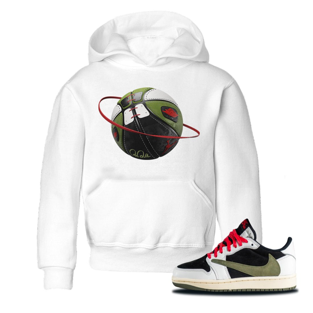 Air Jordan 1 Travis Scott Olive Sneaker Match Tees Basketball Planet Sneaker Tees AJ1 OG Travis Scott Olive Sneaker Release Tees Kids Shirts White 1