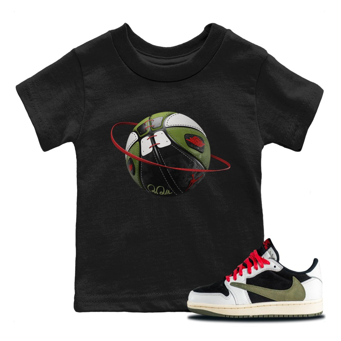 Air Jordan 1 Travis Scott Olive Sneaker Match Tees Basketball Planet Sneaker Tees AJ1 OG Travis Scott Olive Sneaker Release Tees Kids Shirts Black 1