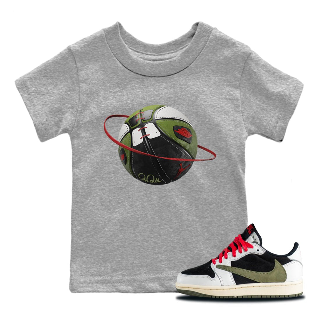 Air Jordan 1 Travis Scott Olive Sneaker Match Tees Basketball Planet Sneaker Tees AJ1 OG Travis Scott Olive Sneaker Release Tees Kids Shirts Heather Grey 1